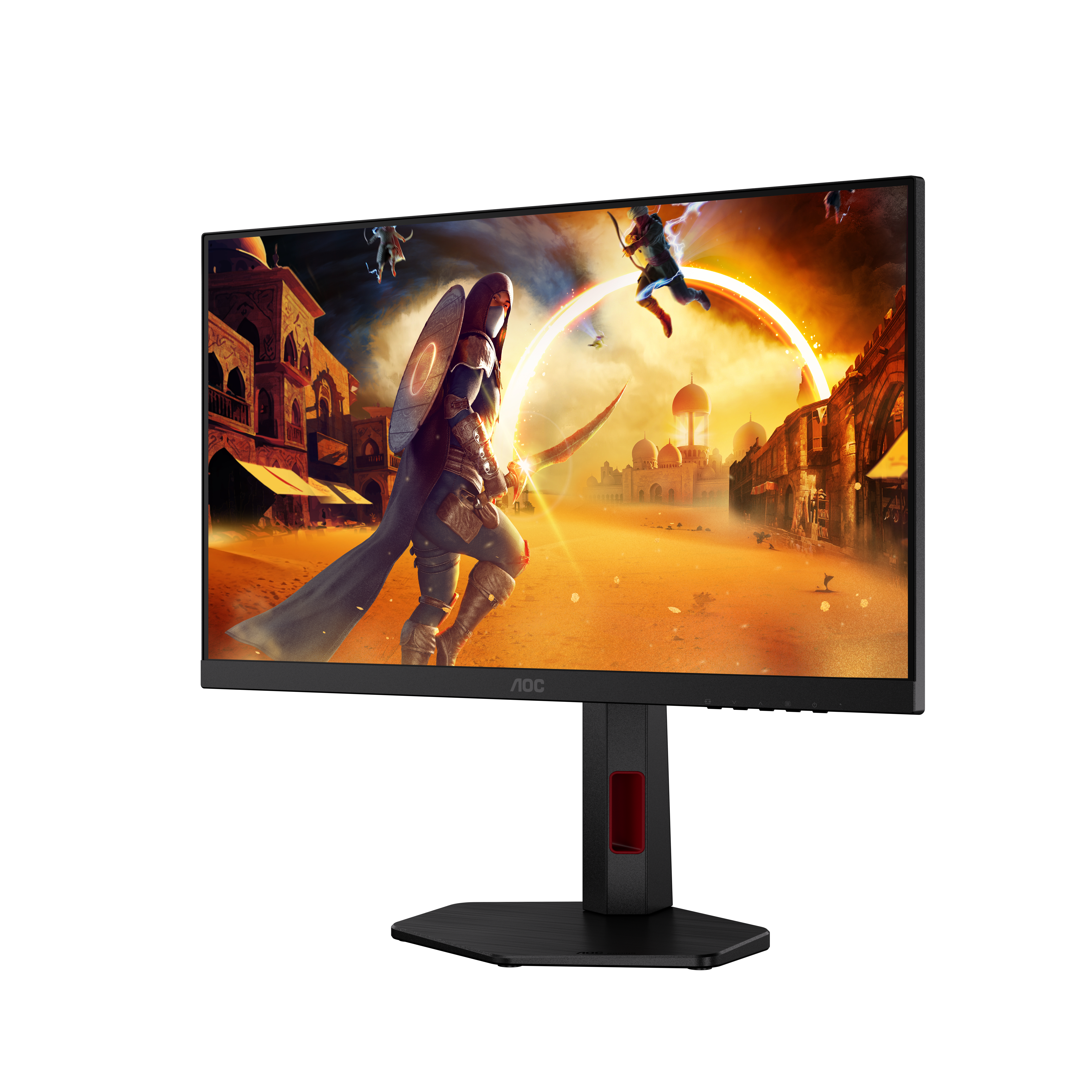 Ein Monitor zeigt ein Fantasy-Kampfspiel mit Kriegern in einer Wüstenstadt.