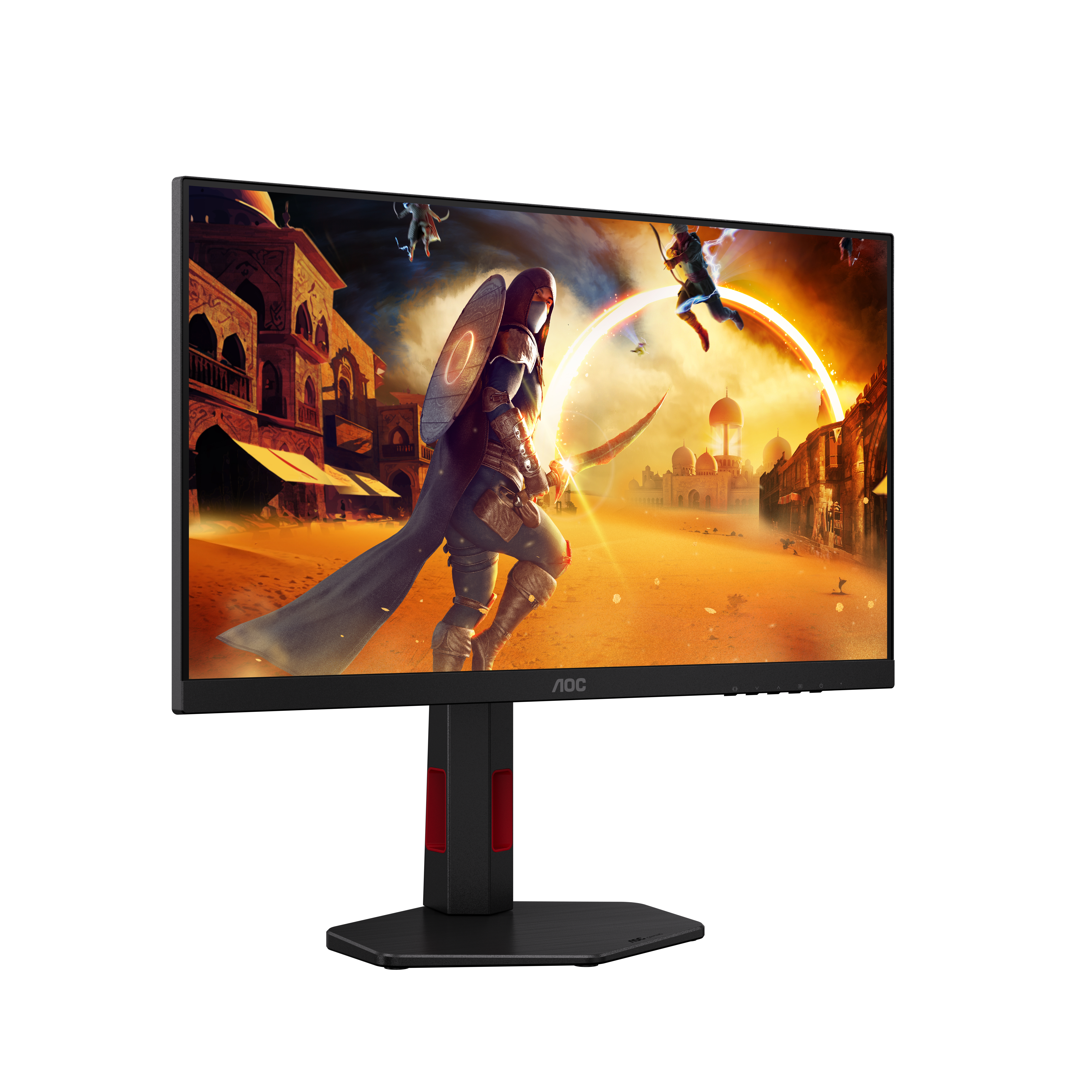 Ein Monitor zeigt ein Fantasy-Kampfspiel mit Kriegern in einer Wüstenstadt.