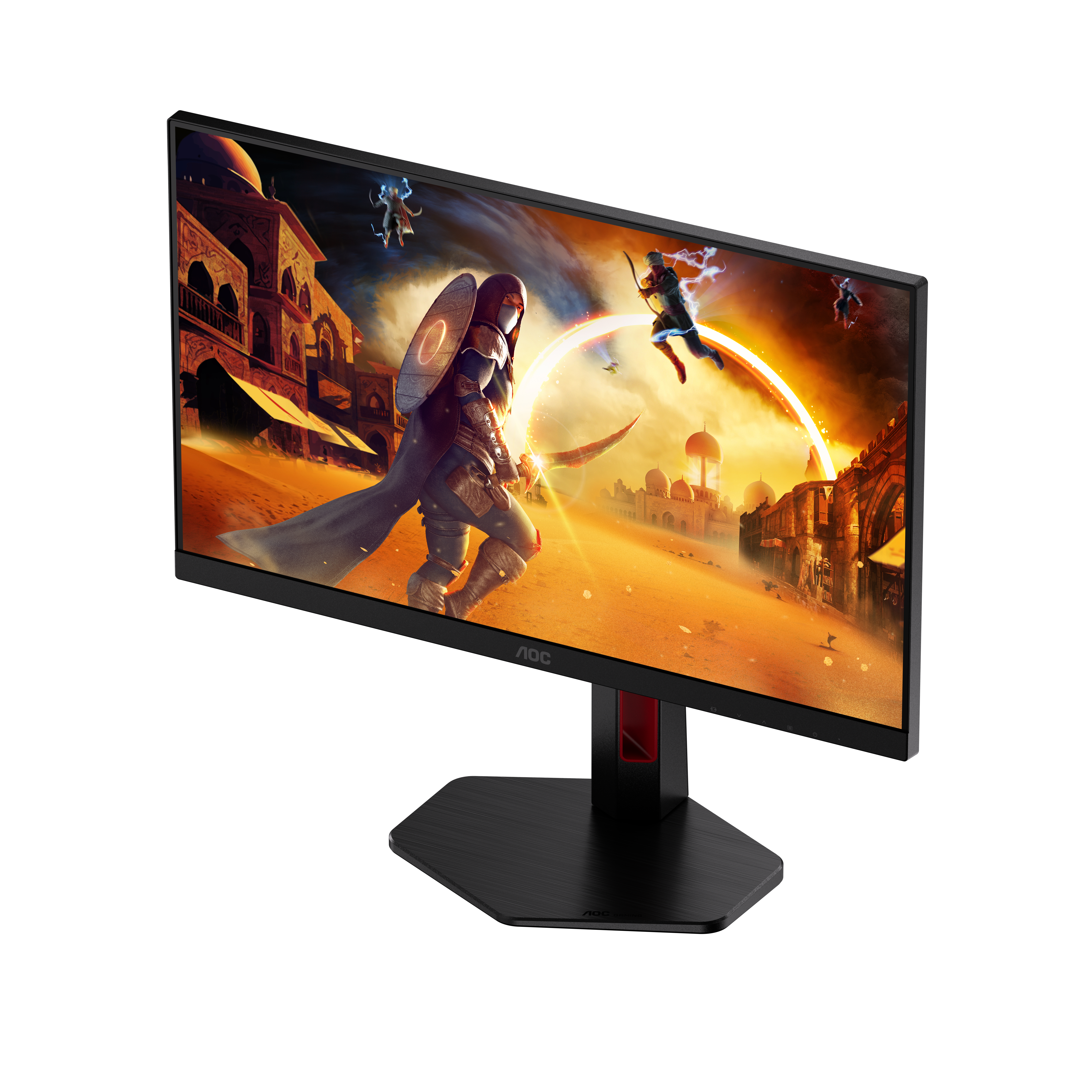 Ein Gaming-Monitor zeigt eine Fantasieszene mit Kriegern in einer Wüstenstadt.