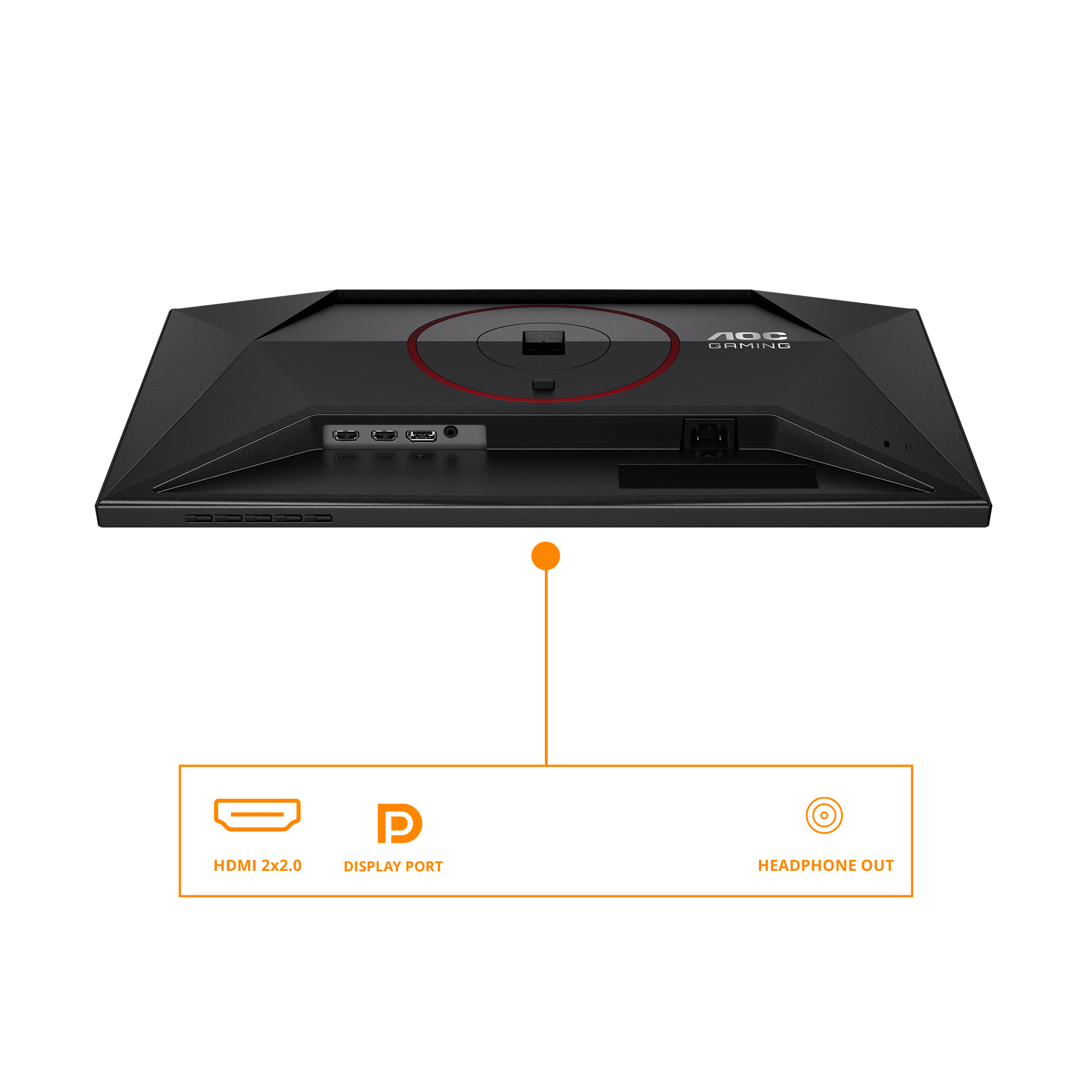 Rückseite eines schwarzen AOC Gaming Monitors mit Anschlüssen: HDMI, DisplayPort, Kopfhörerausgang.