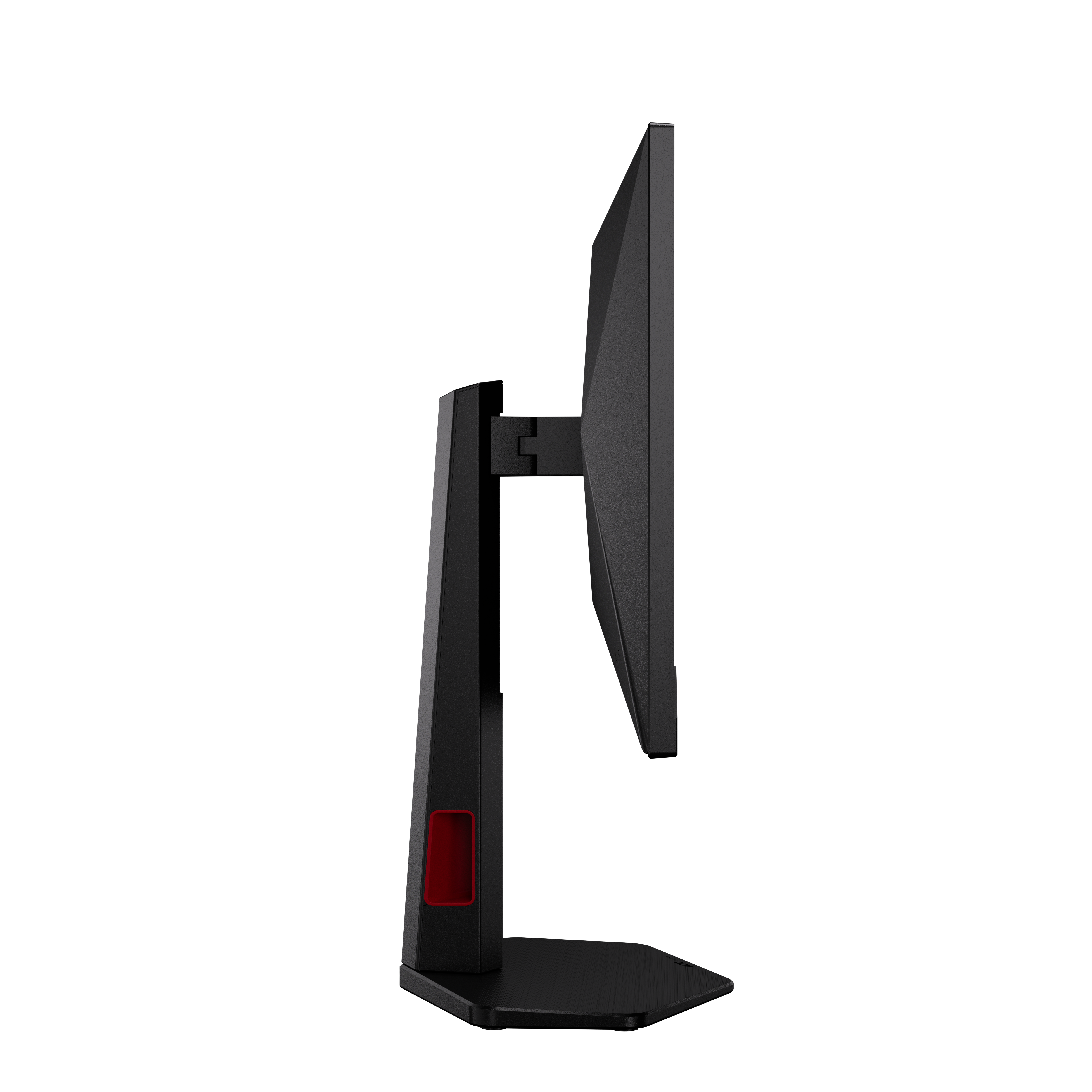 Schwarzer Computermonitor im Profil mit rotem Akzent am Standfuß.
