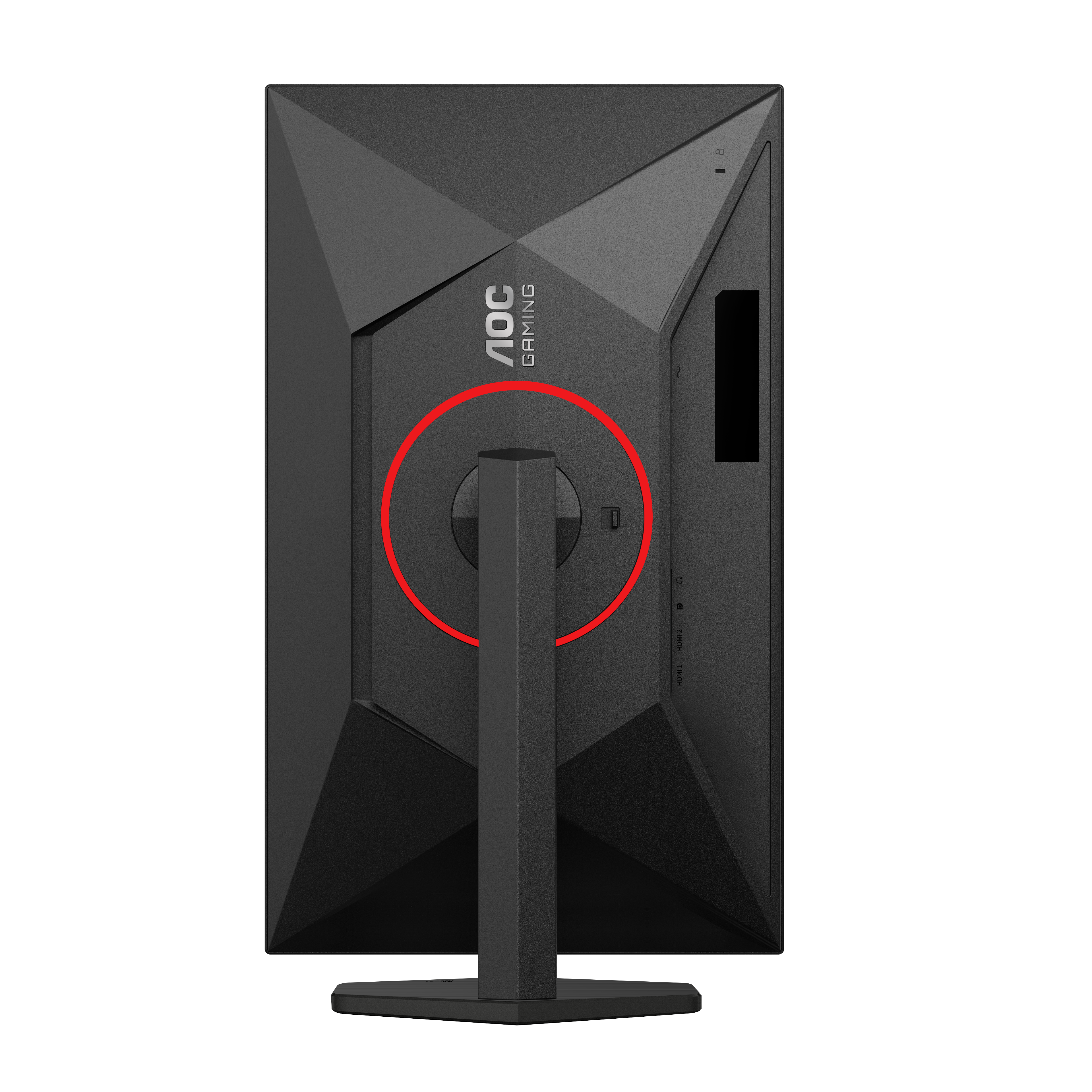 Rückseite eines schwarzen AOC Gaming Monitors mit Anschlüssen und rotem Kreis.
