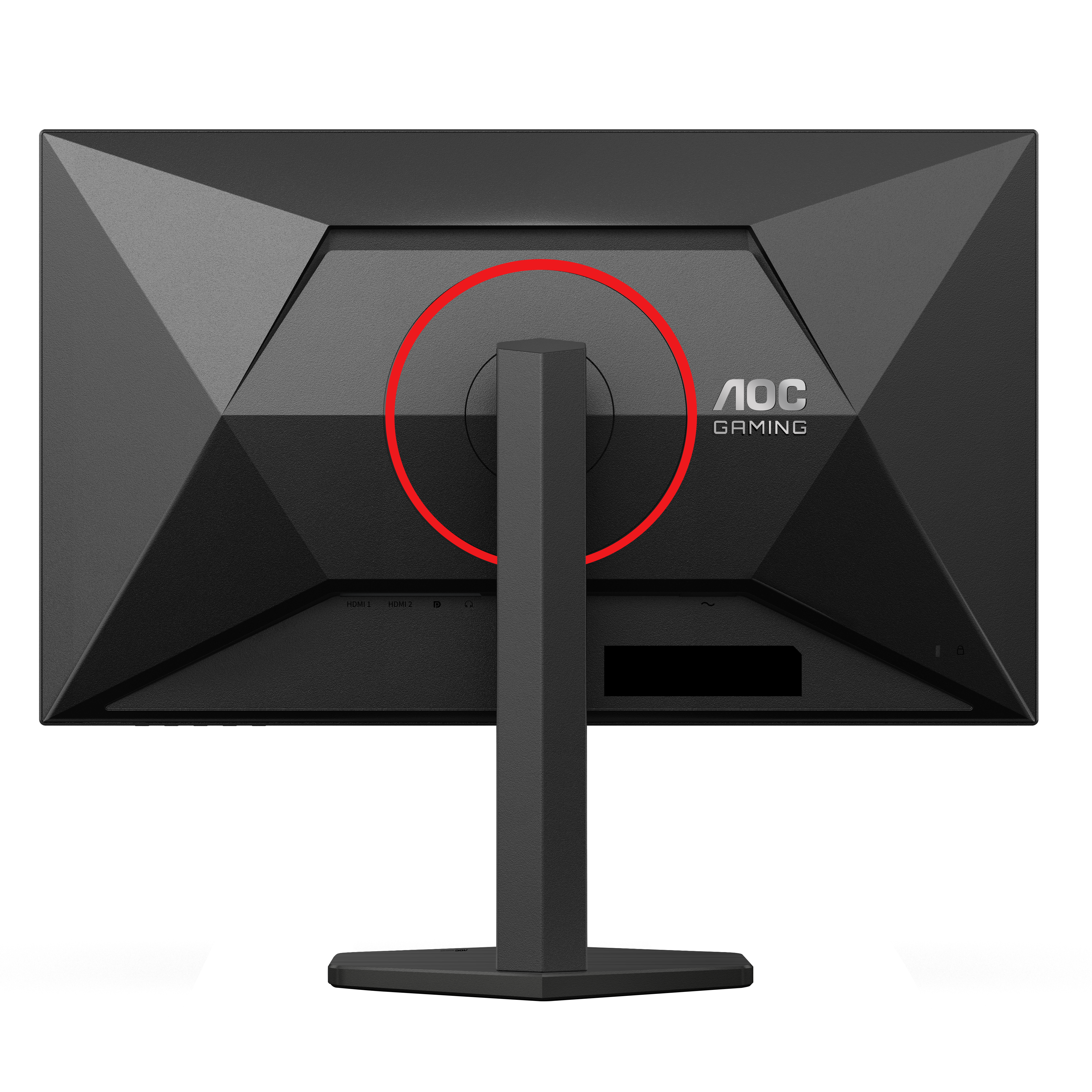 Rückseite eines schwarzen AOC Gaming Monitors mit Anschlüssen und Logo.