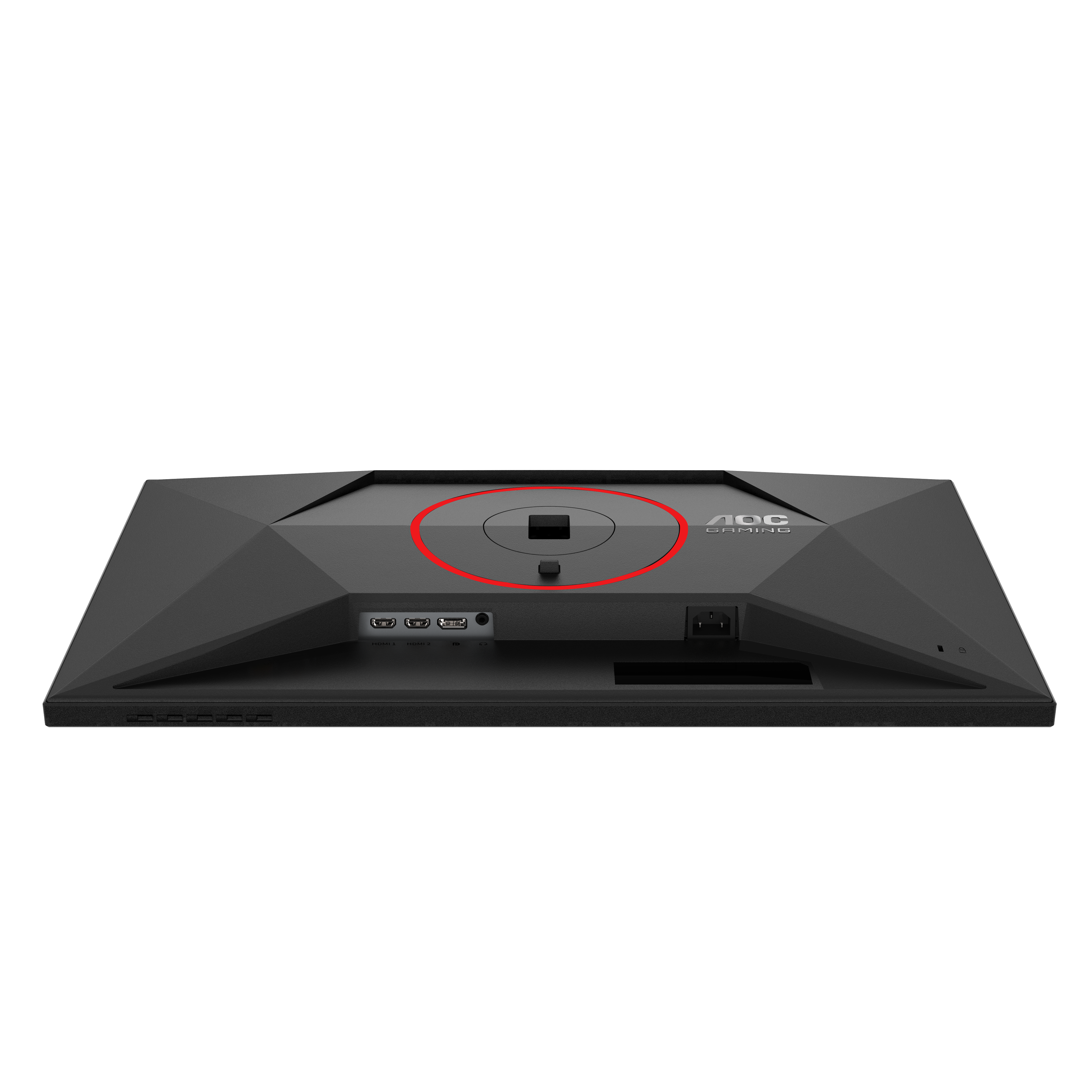 Rückseite eines schwarzen Monitors mit Anschlüssen und AOC Gaming Logo.