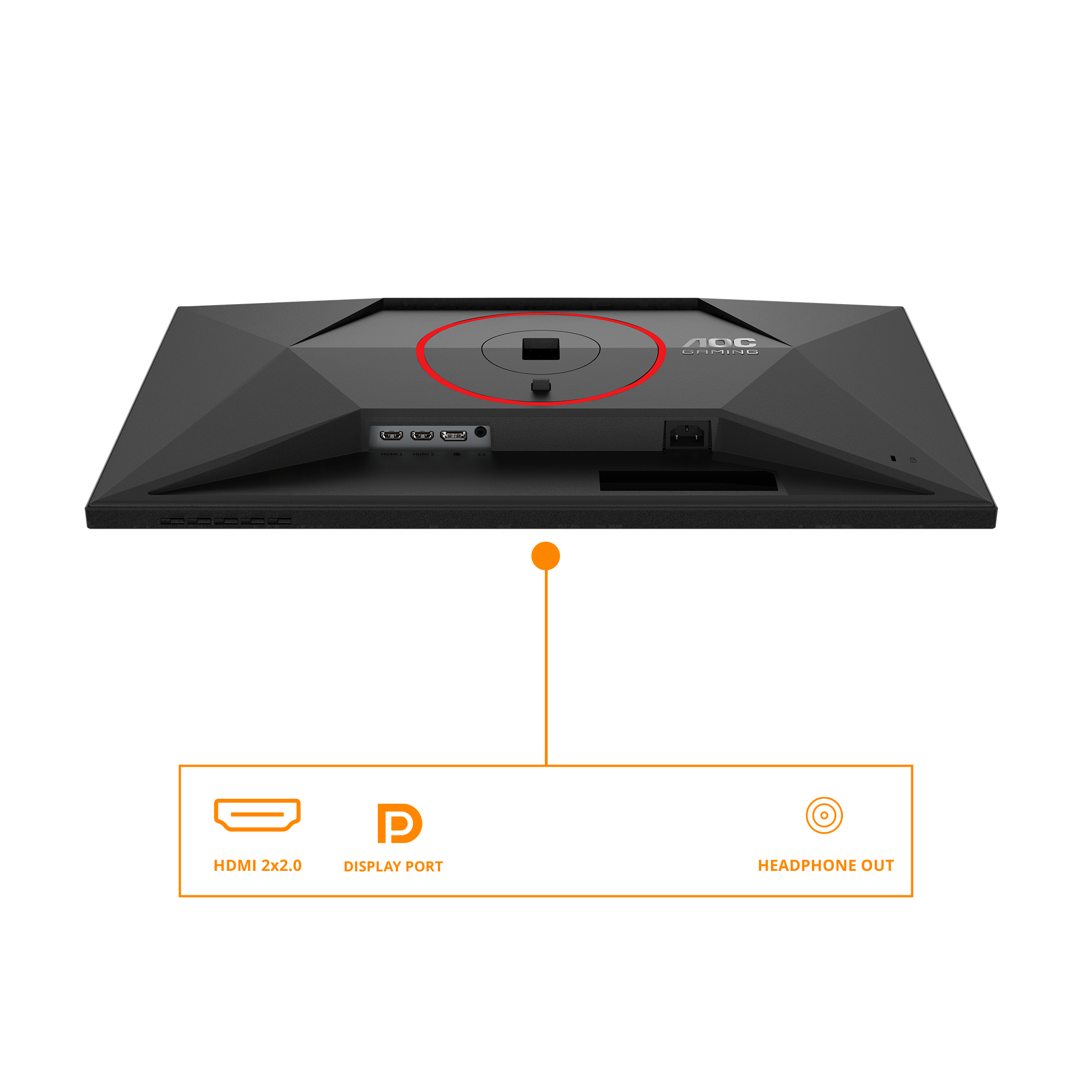 Rückseite eines schwarzen AOC Gaming Monitors mit Anschlüssen und Logo.