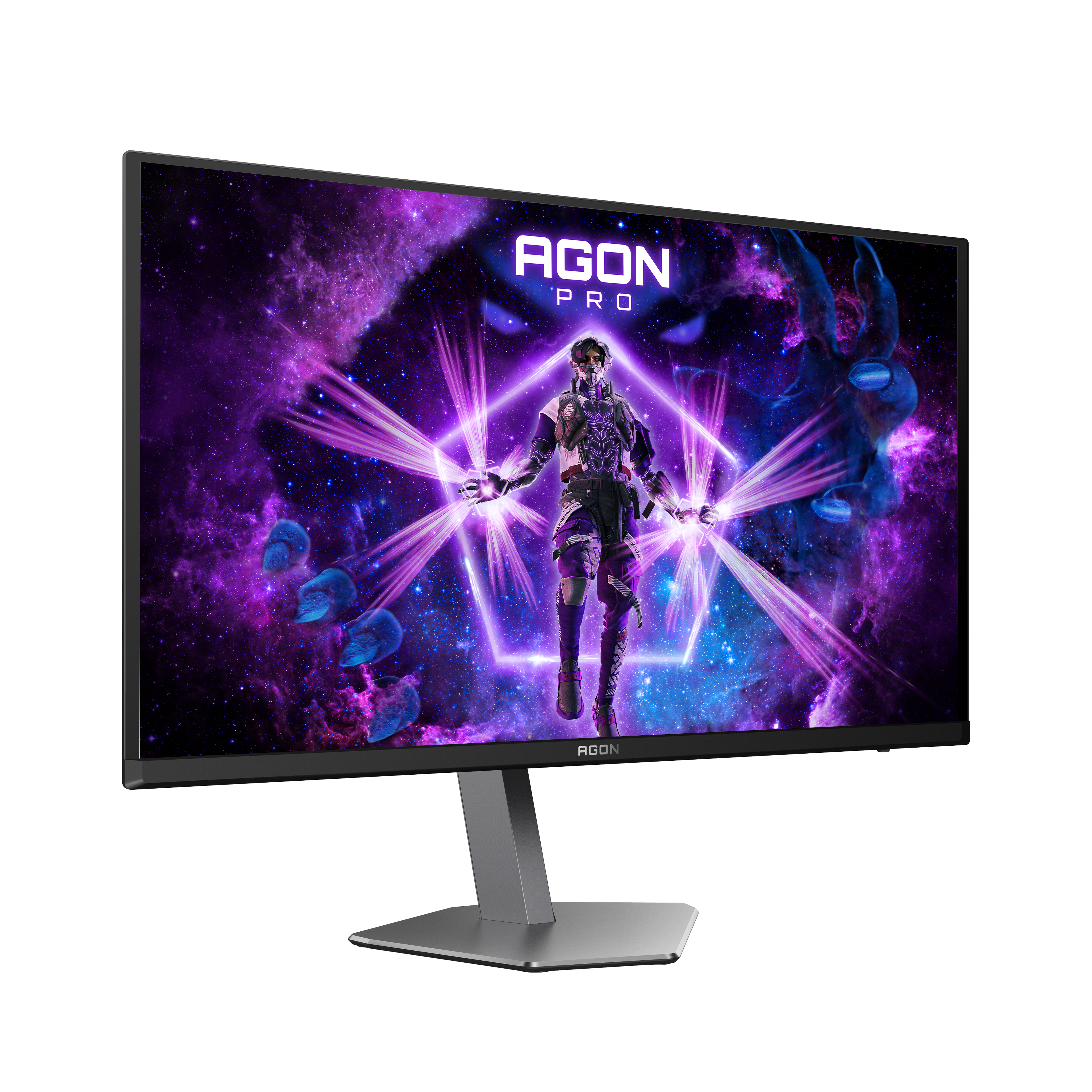 Ein Gaming-Monitor mit einem futuristischen Krieger und lila Weltraumhintergrund.