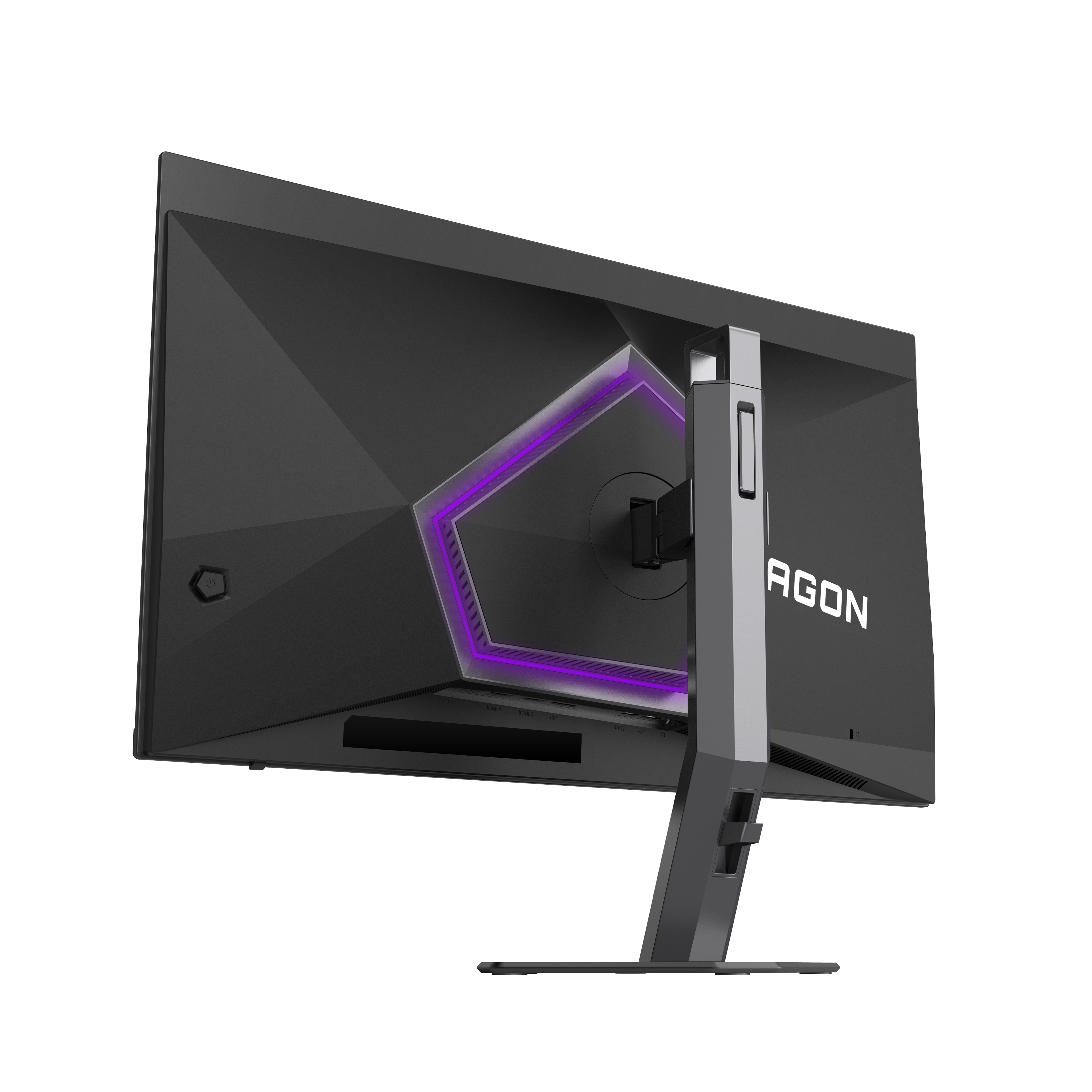 Rückseite eines schwarzen Monitors mit violetter Beleuchtung und „AGON“-Logo.