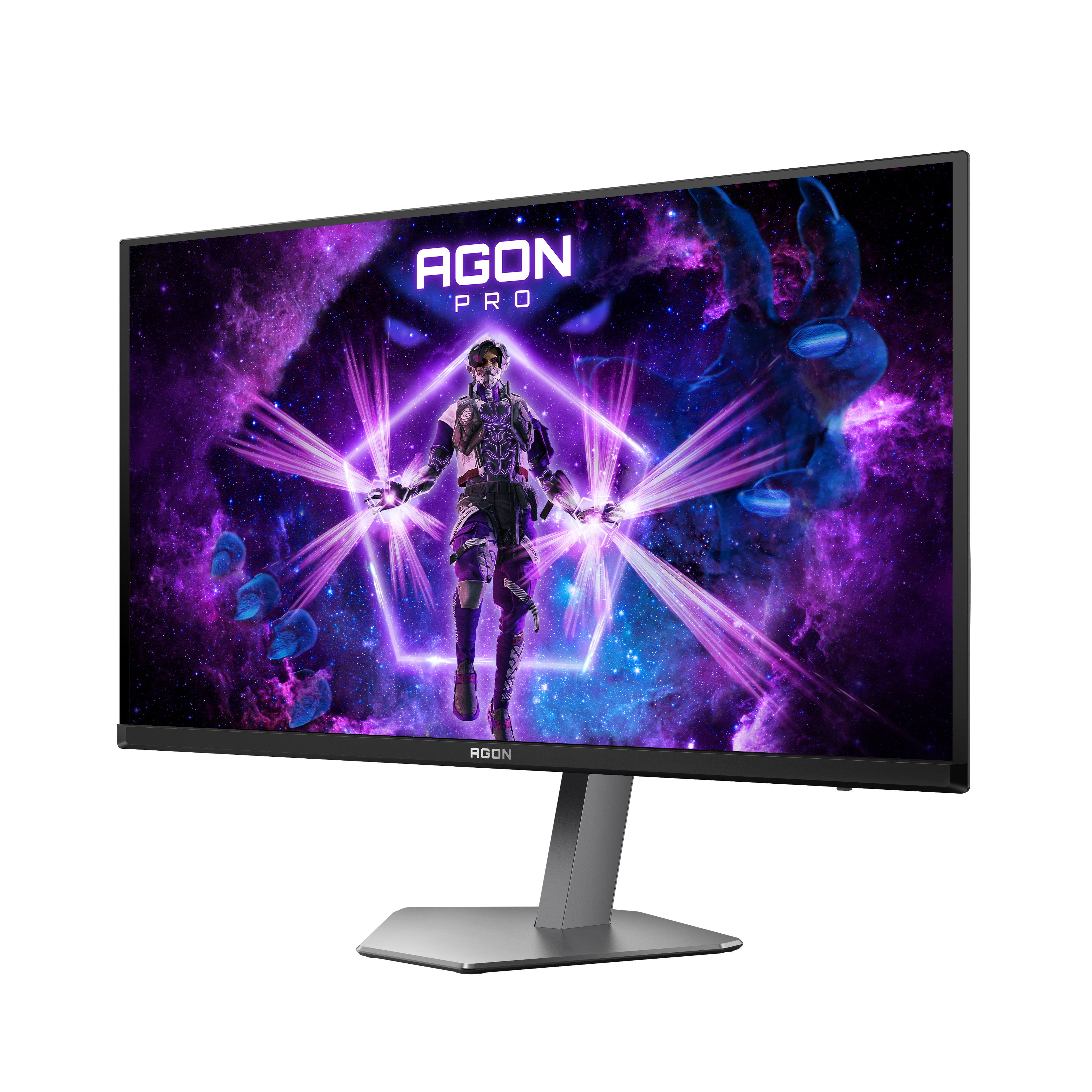 Ein Gaming-Monitor mit einem futuristischen Krieger vor einem kosmischen Hintergrund.