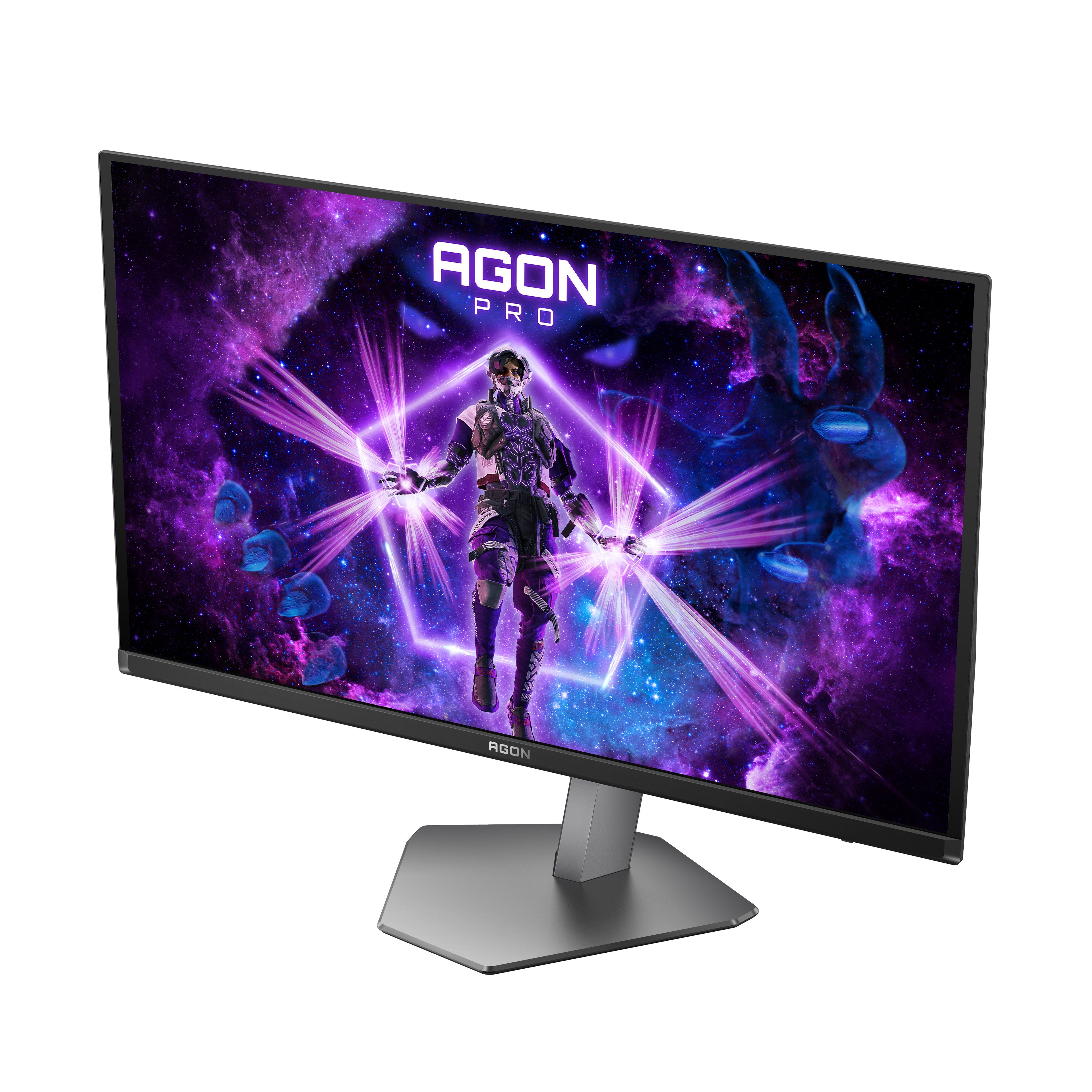 Ein Monitor zeigt ein Weltraum-Thema mit einem Krieger und lila Hexagon-Mustern.