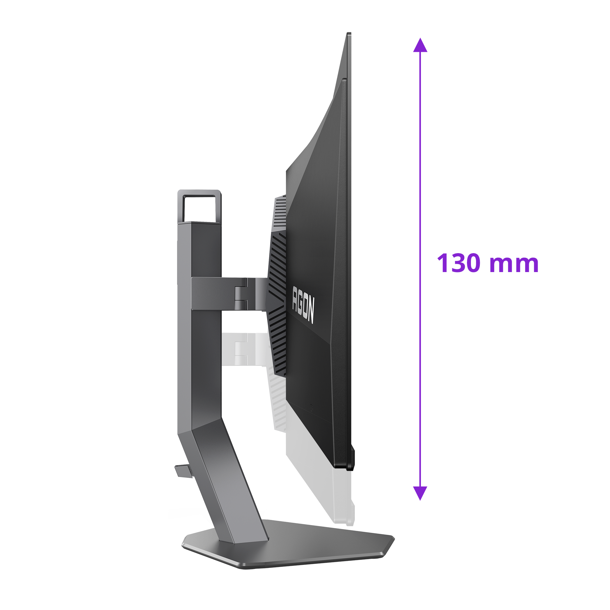 Schwarzer Monitor mit silbernem Ständer, 130 mm Höhenverstellung.