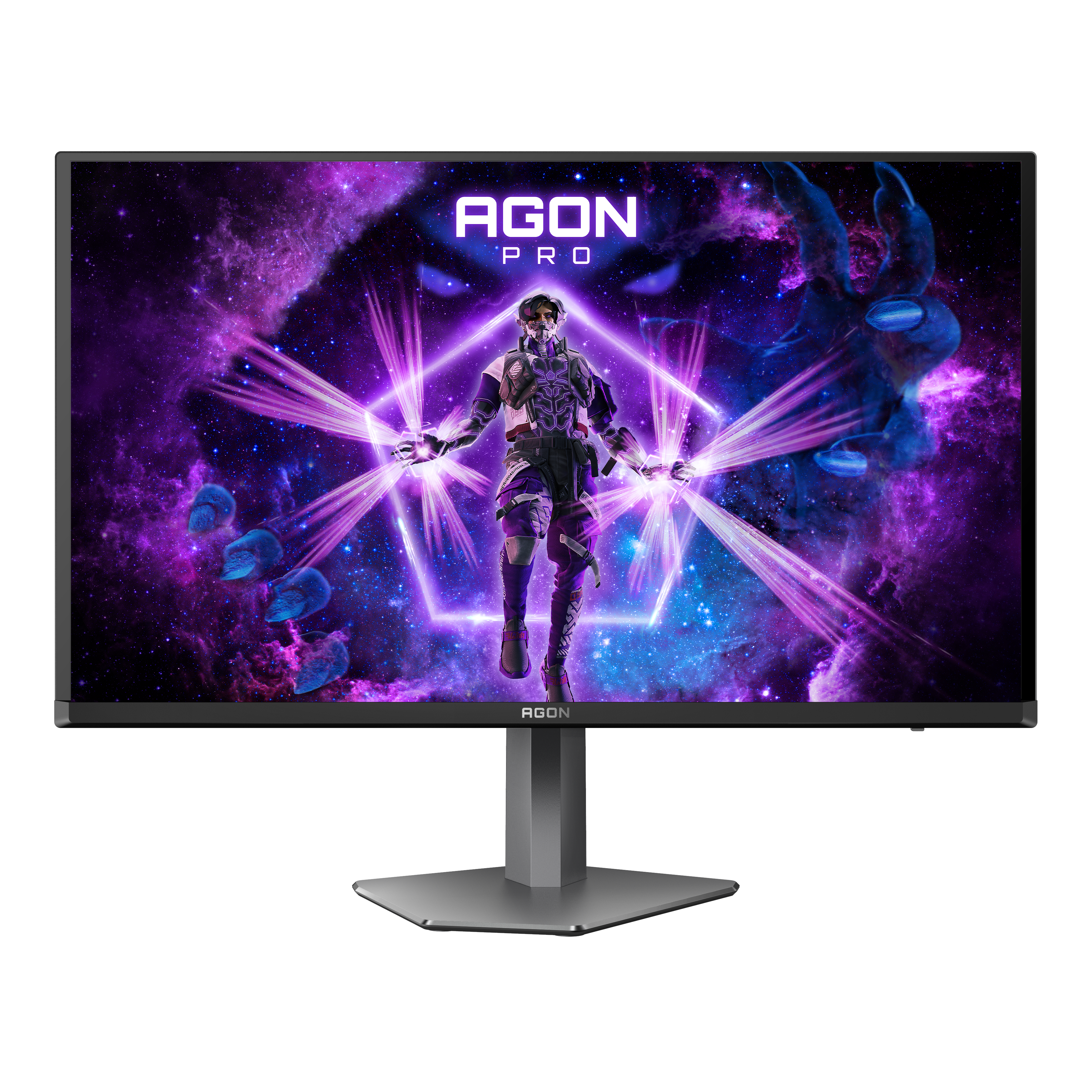 Ein Gaming-Monitor mit lila Weltraumhintergrund und einem Krieger.