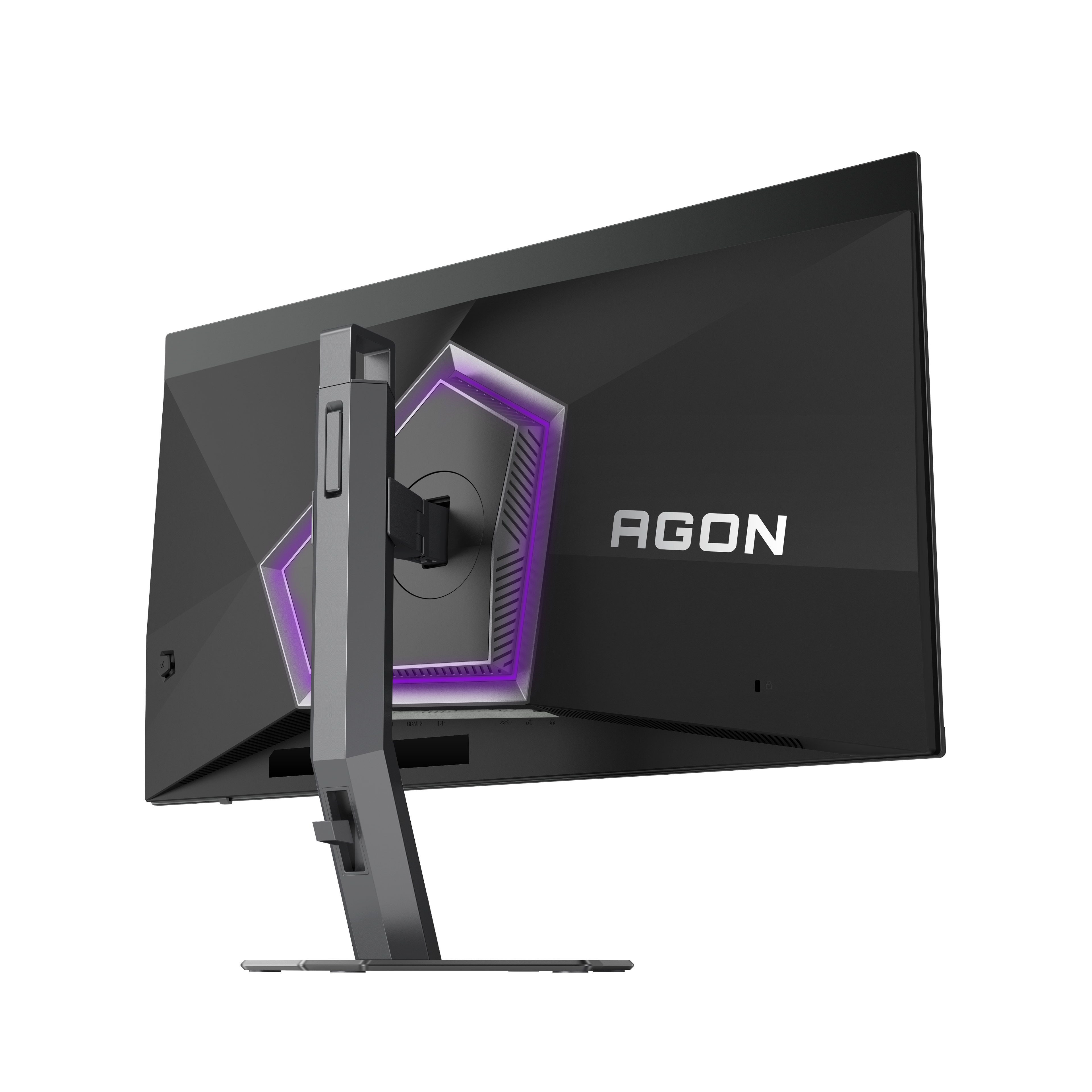 Rückseite eines schwarzen Monitors mit AGON-Logo und violetter Beleuchtung.