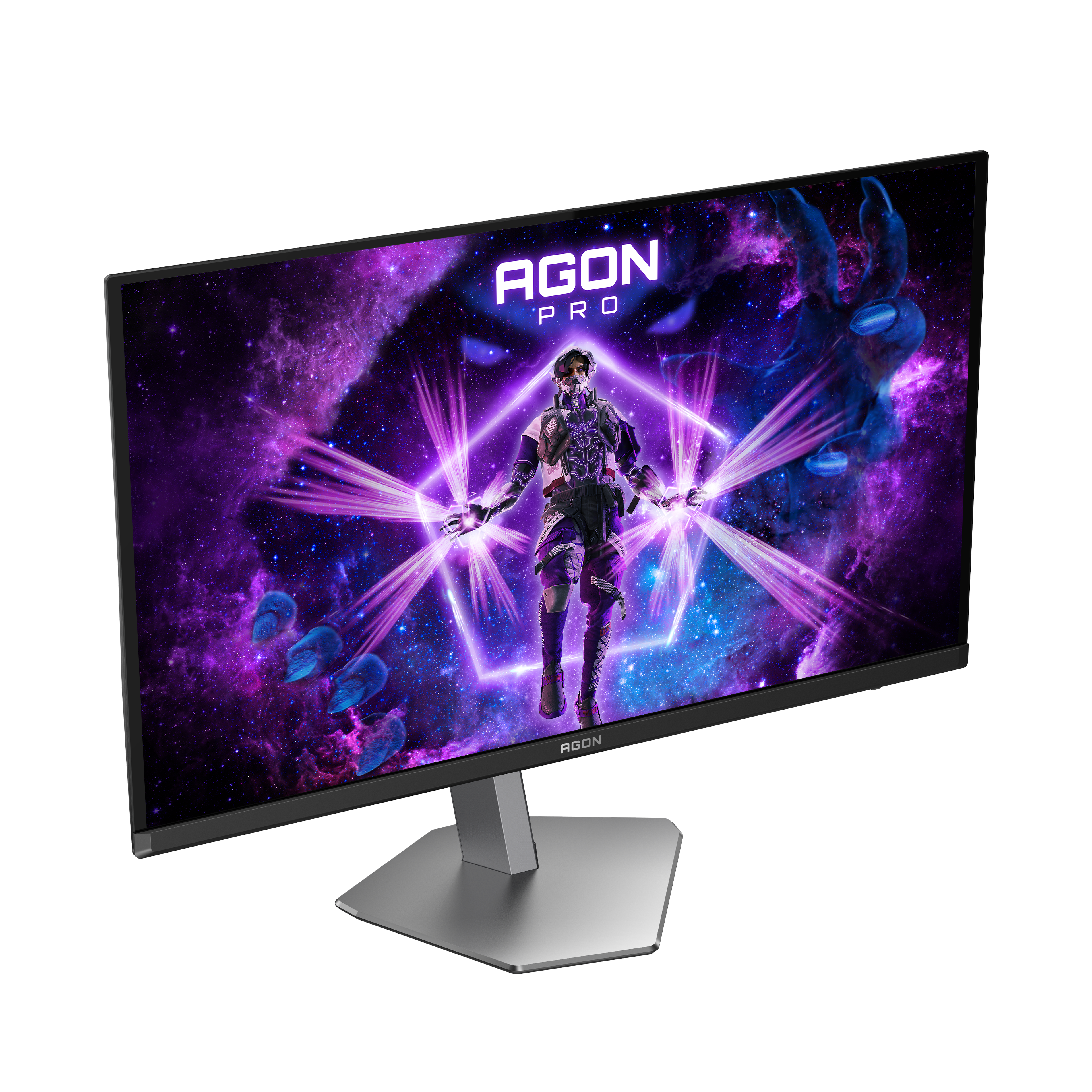 Ein Gaming-Monitor mit einem futuristischen Bild von einem Cyborg im Weltraum.