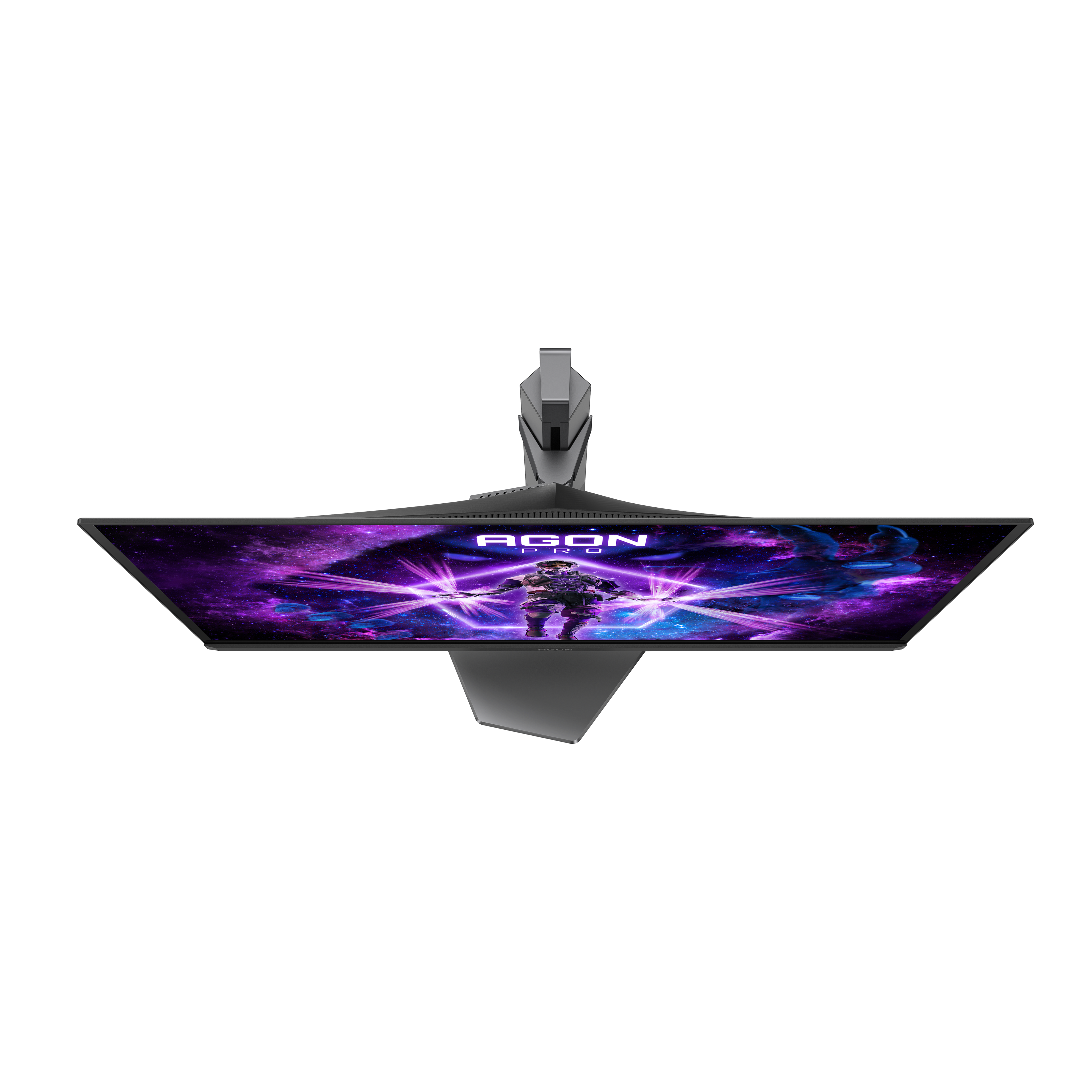 Ein Gaming-Monitor mit einem futuristischen Bild und einem grauen Standfuß.