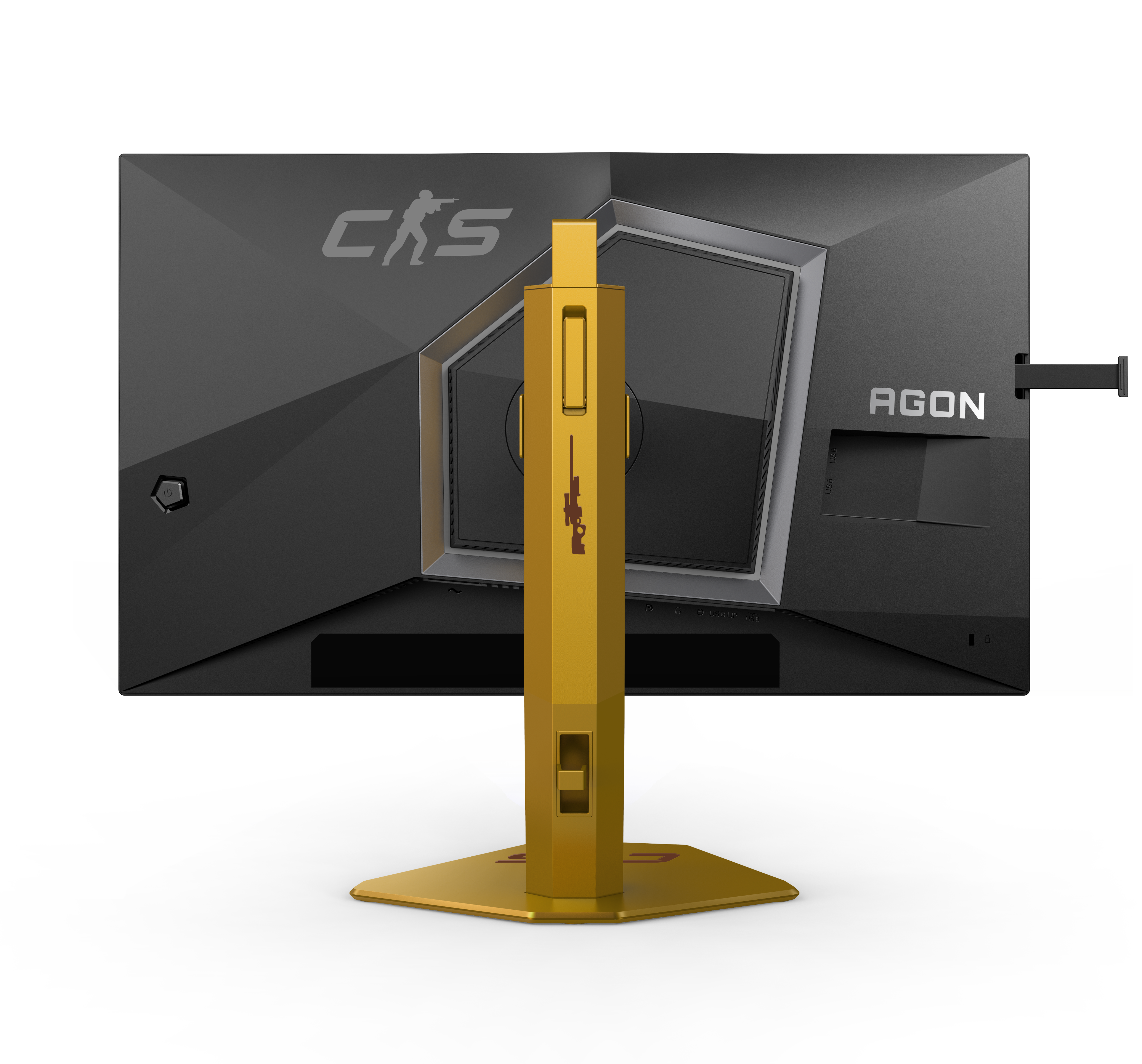 Rückseite eines schwarzen Monitors mit goldenem Ständer und Sniper-Motiv.