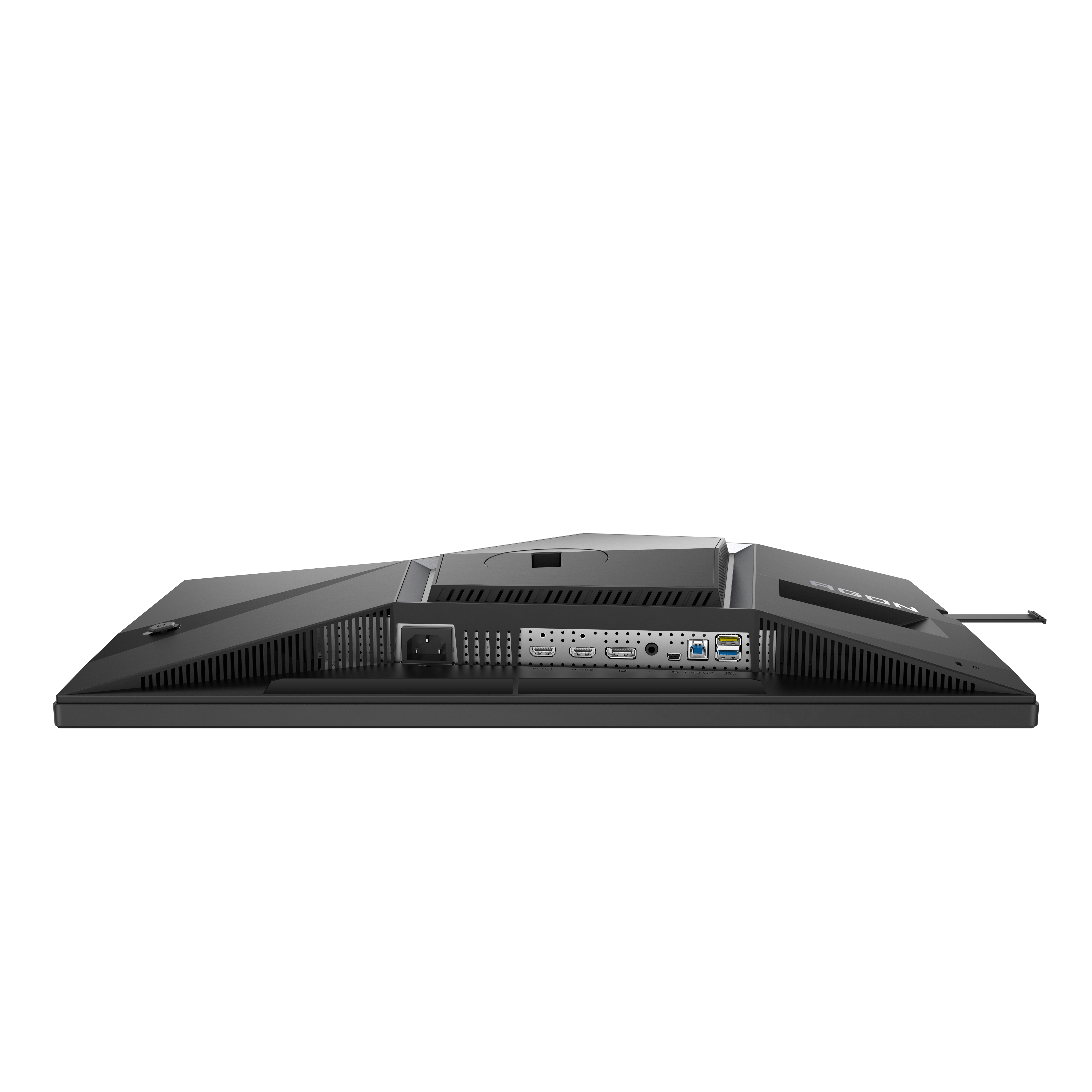 Rückseite eines schwarzen Monitors mit Anschlüssen: Strom, HDMI, USB.