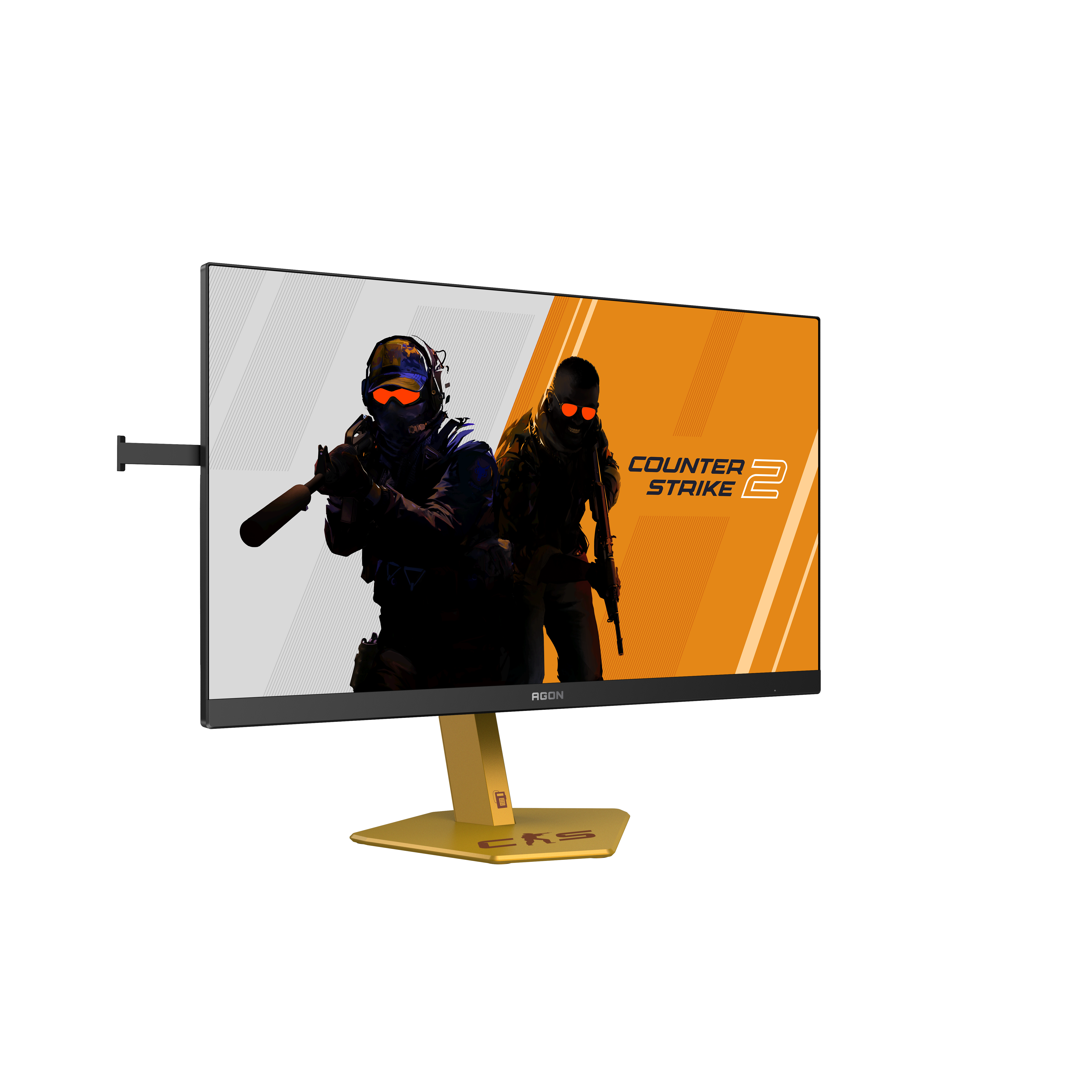Ein Monitor zeigt Counter-Strike 2 mit zwei Charakteren und orangefarbenen Akzenten.