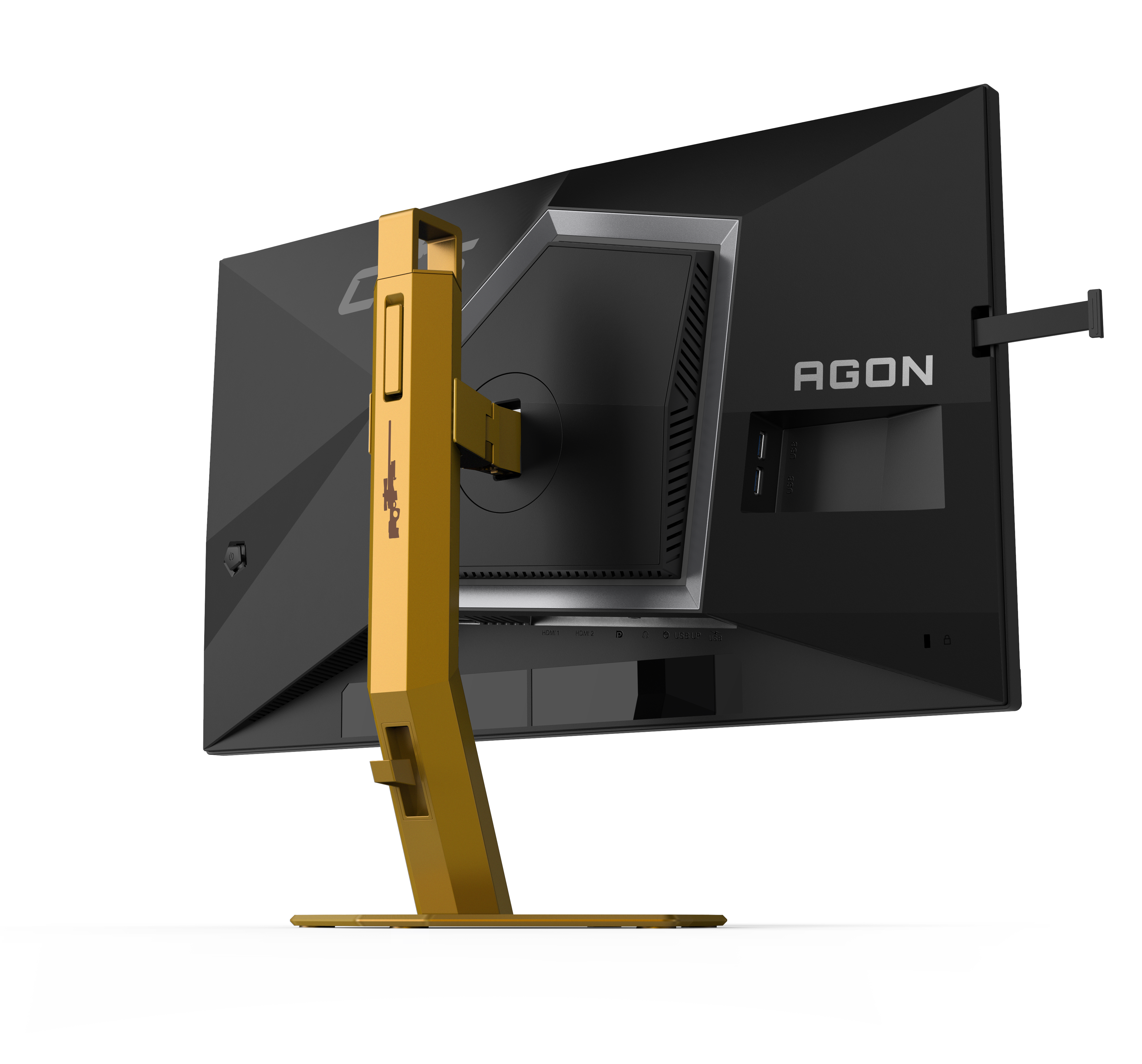 Rückseite eines schwarzen Monitors mit goldenem Ständer. AGON-Logo oben rechts.