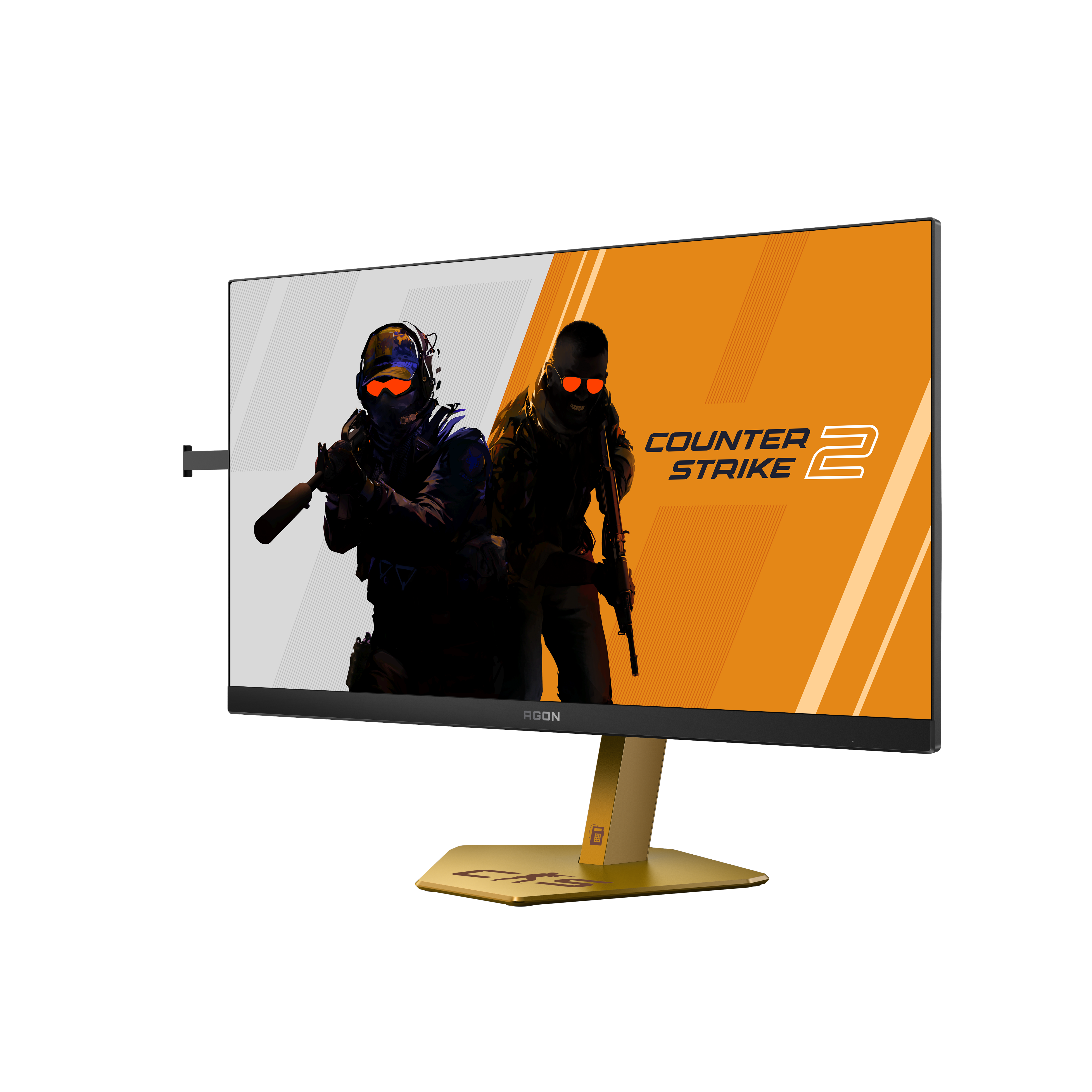 Ein Monitor zeigt zwei Charaktere mit Schutzbrillen und Waffen. Counter-Strike 2 Logo.