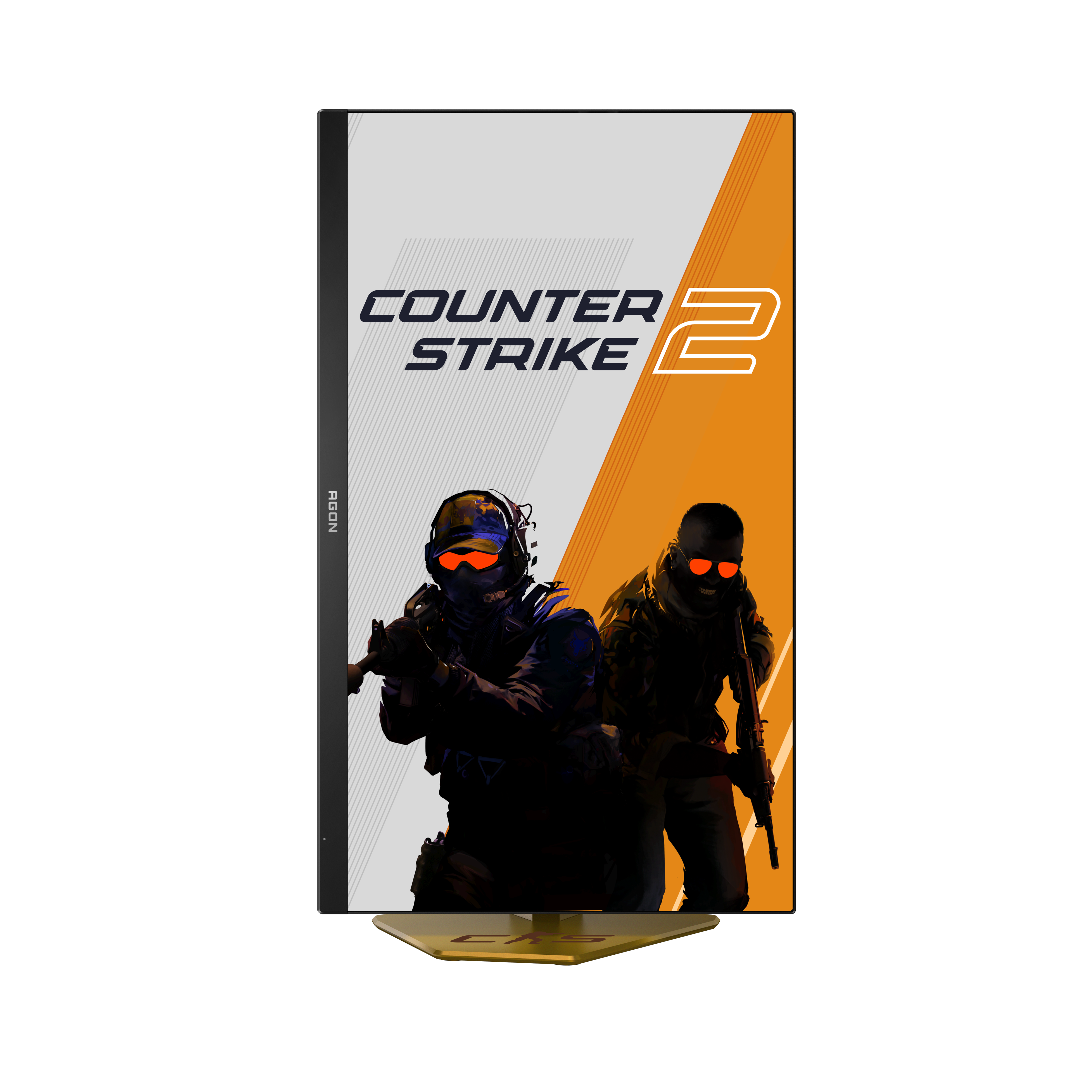 Zwei Soldaten mit orangen Brillen halten Gewehre vor dem Counter-Strike 2 Logo.