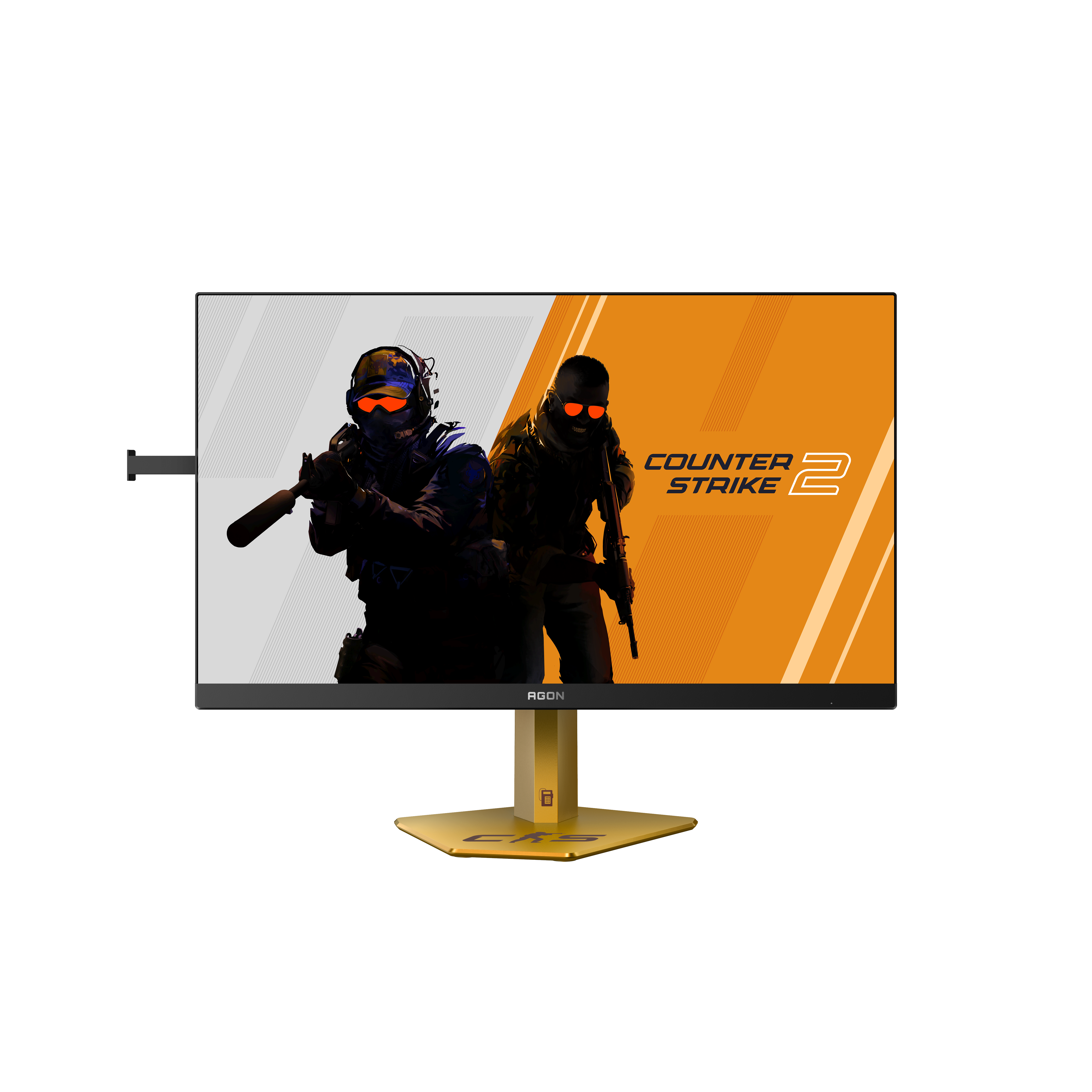 Ein Monitor zeigt "Counter-Strike 2" mit zwei Soldaten und orangefarbenen Brillen.