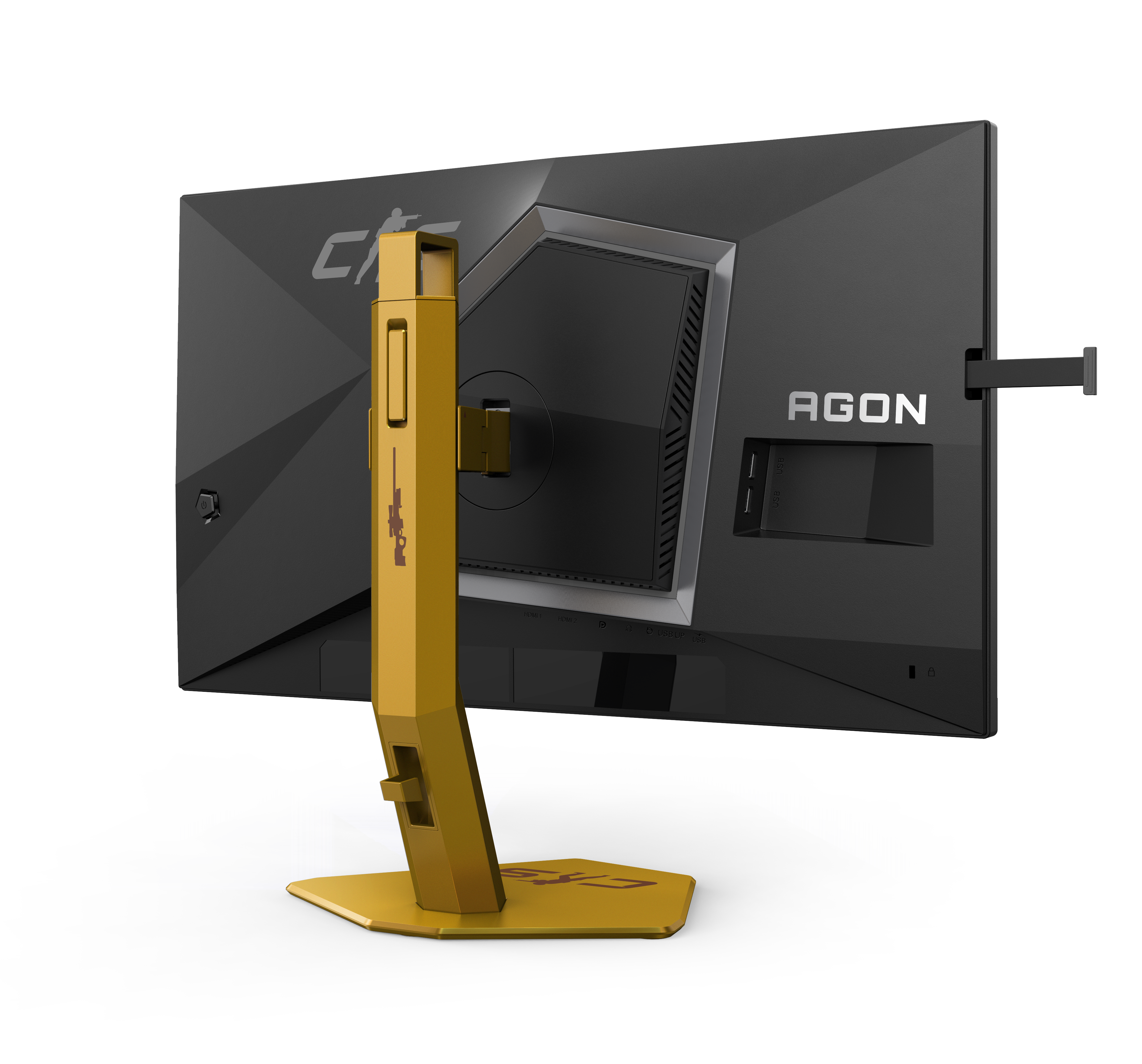 Rückseite eines schwarzen Monitors mit goldenem Ständer und Anschlüssen.