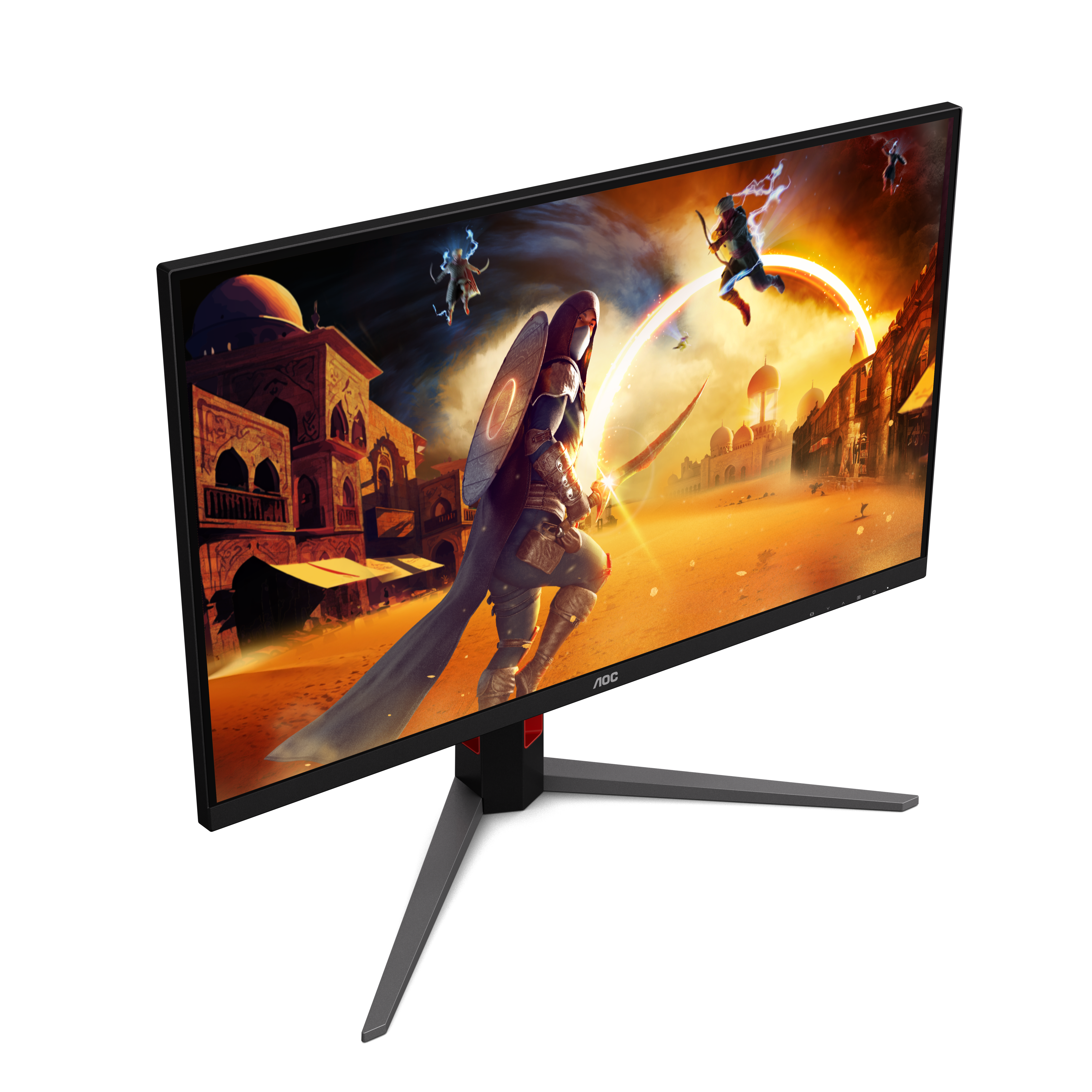 Ein Monitor zeigt ein Fantasy-Kampfspiel mit Kriegern und orientalischen Gebäuden.