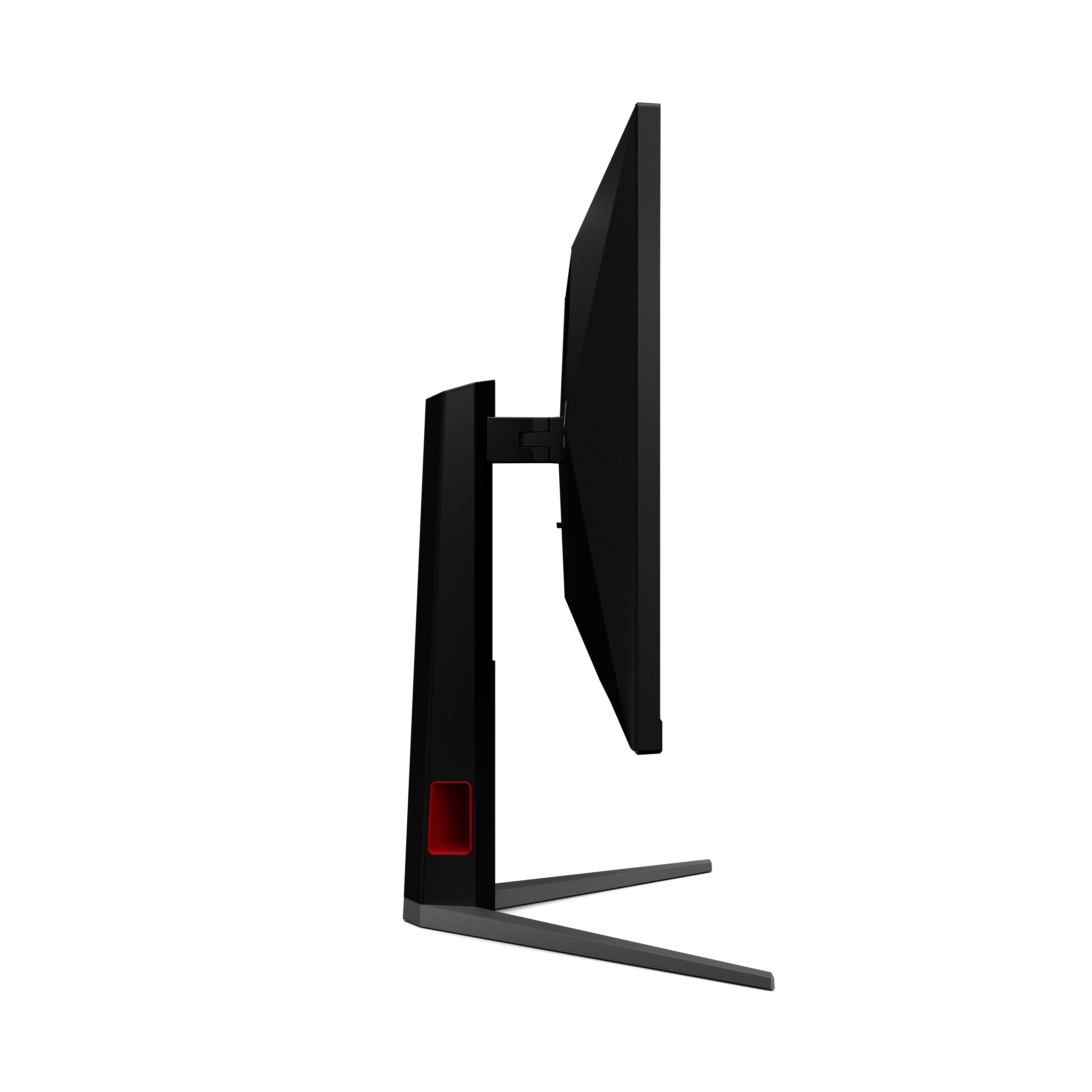 Schwarzer Computermonitor mit rotem Akzent, von der Seite gesehen.