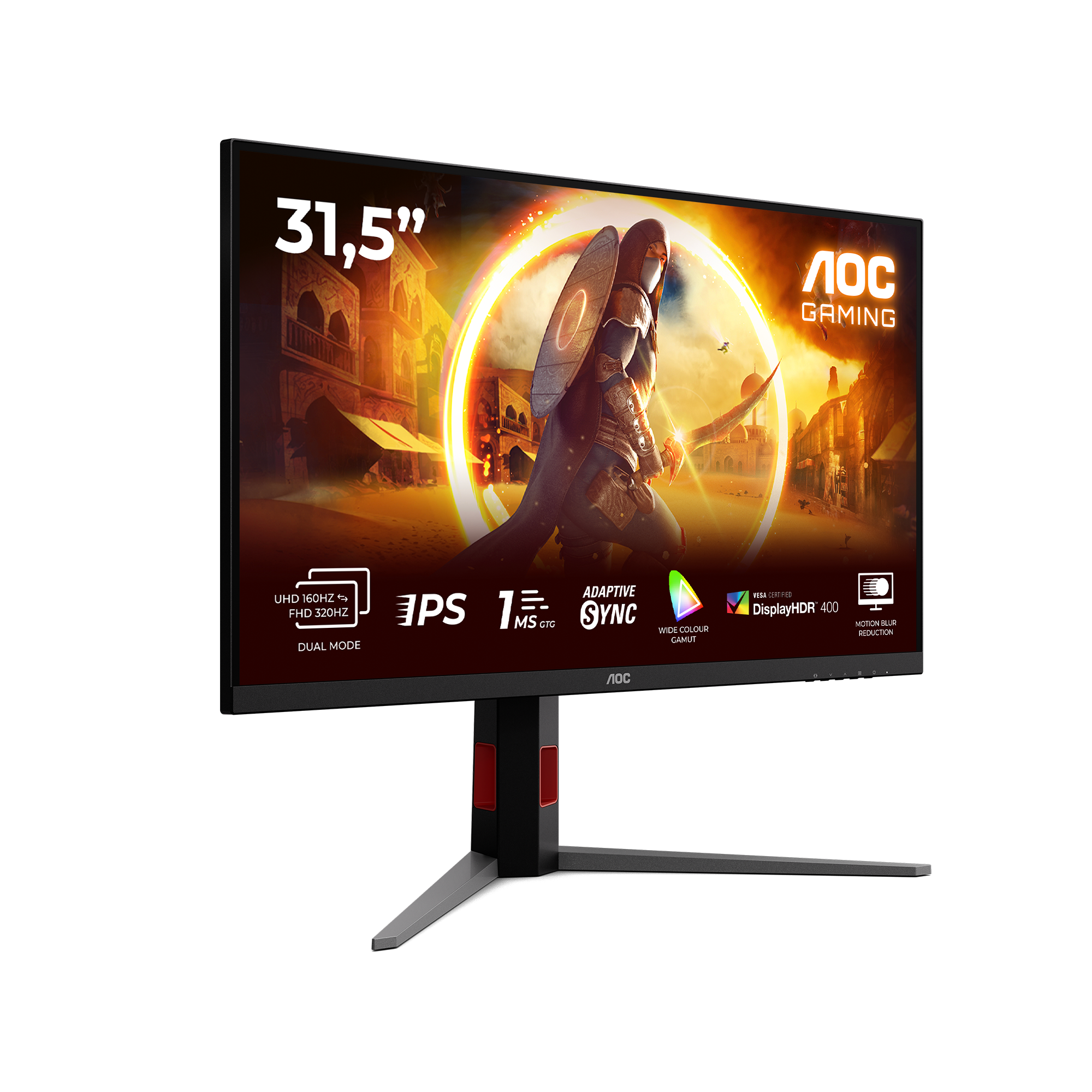 Ein 31,5-Zoll-Gaming-Monitor mit einem Fantasy-Charakter auf dem Bildschirm.