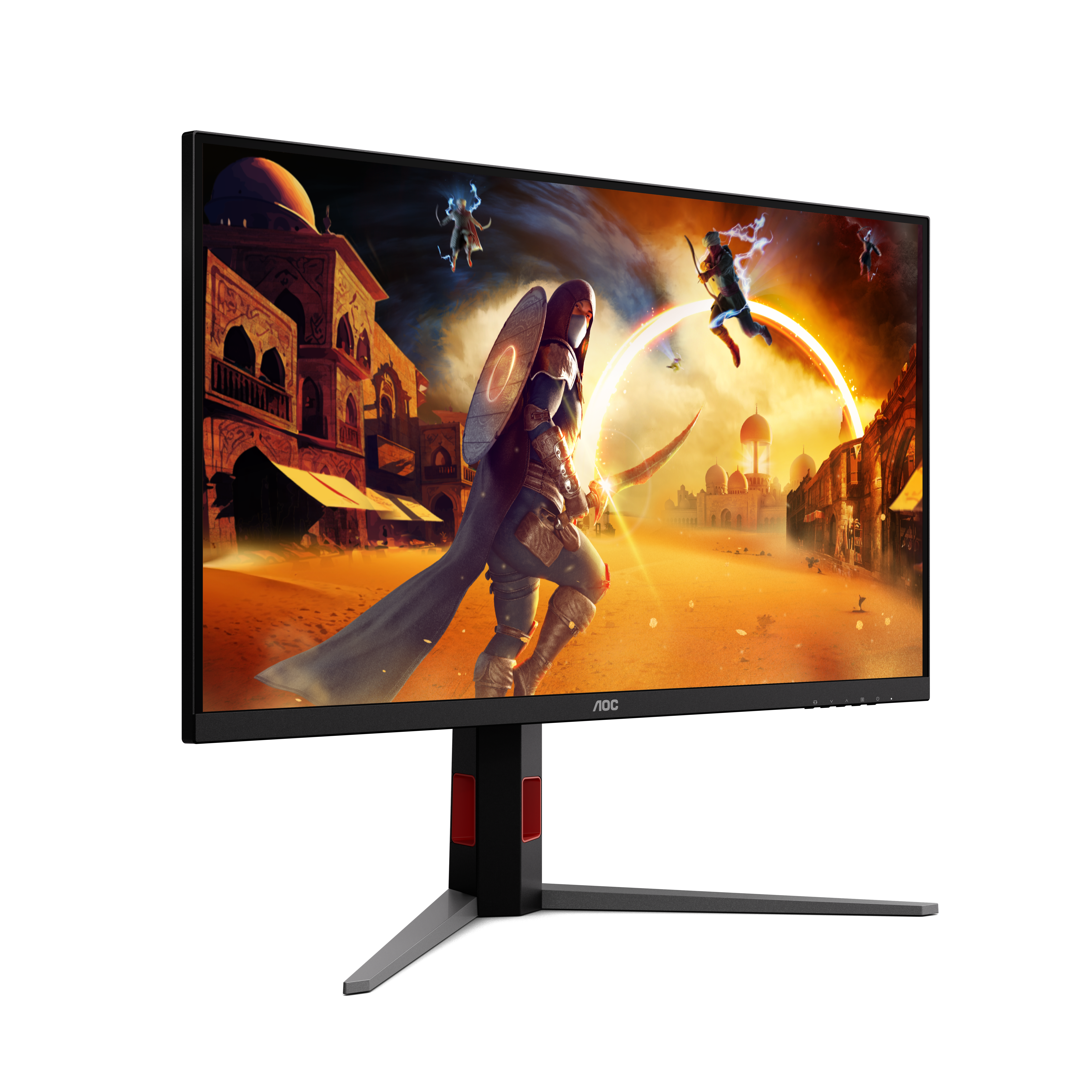 Ein Monitor zeigt ein Fantasy-Spiel mit Kriegern in einer Wüstenstadt.