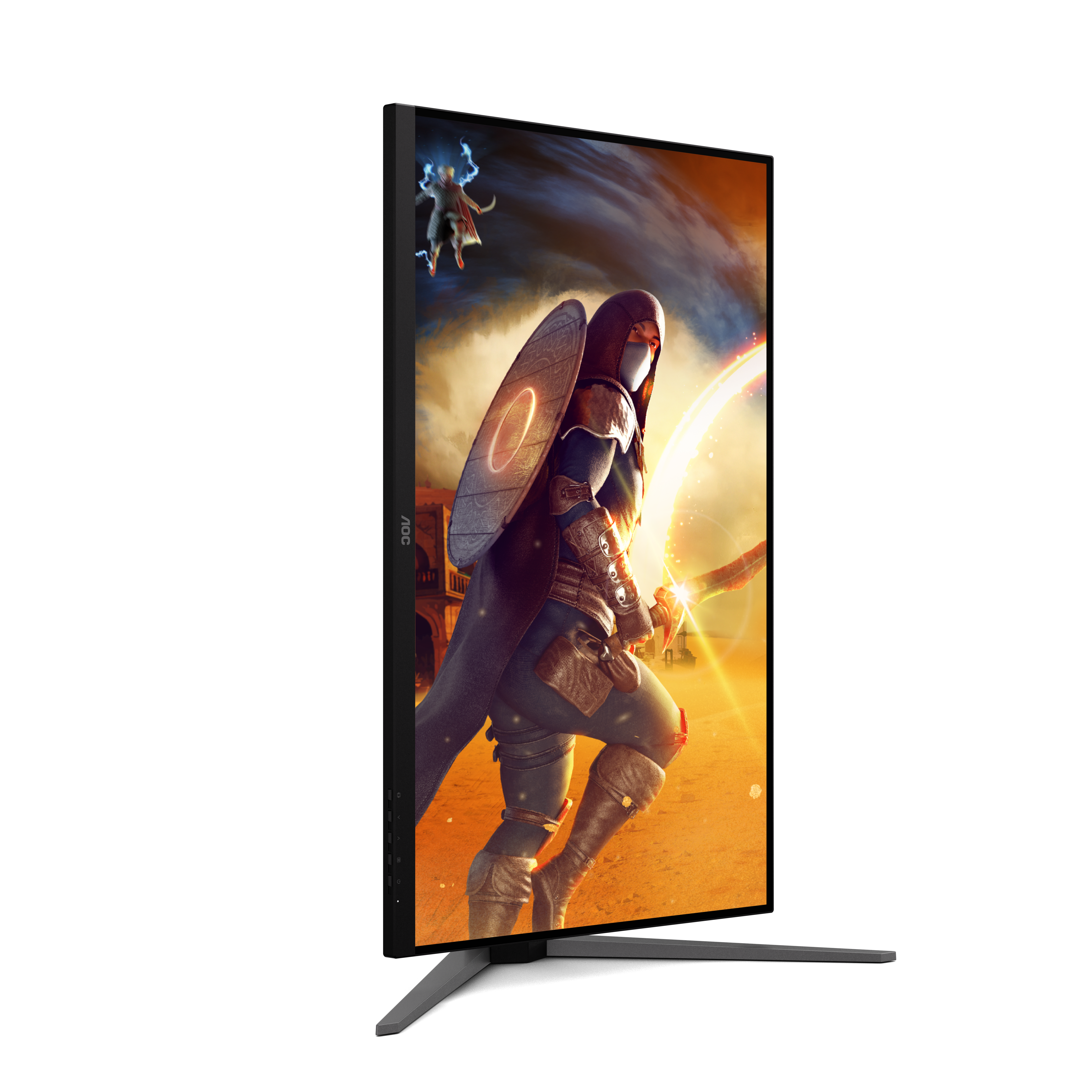 Ein Monitor zeigt ein Fantasy-Spiel mit Kriegern und Magie in einer Wüstenlandschaft.