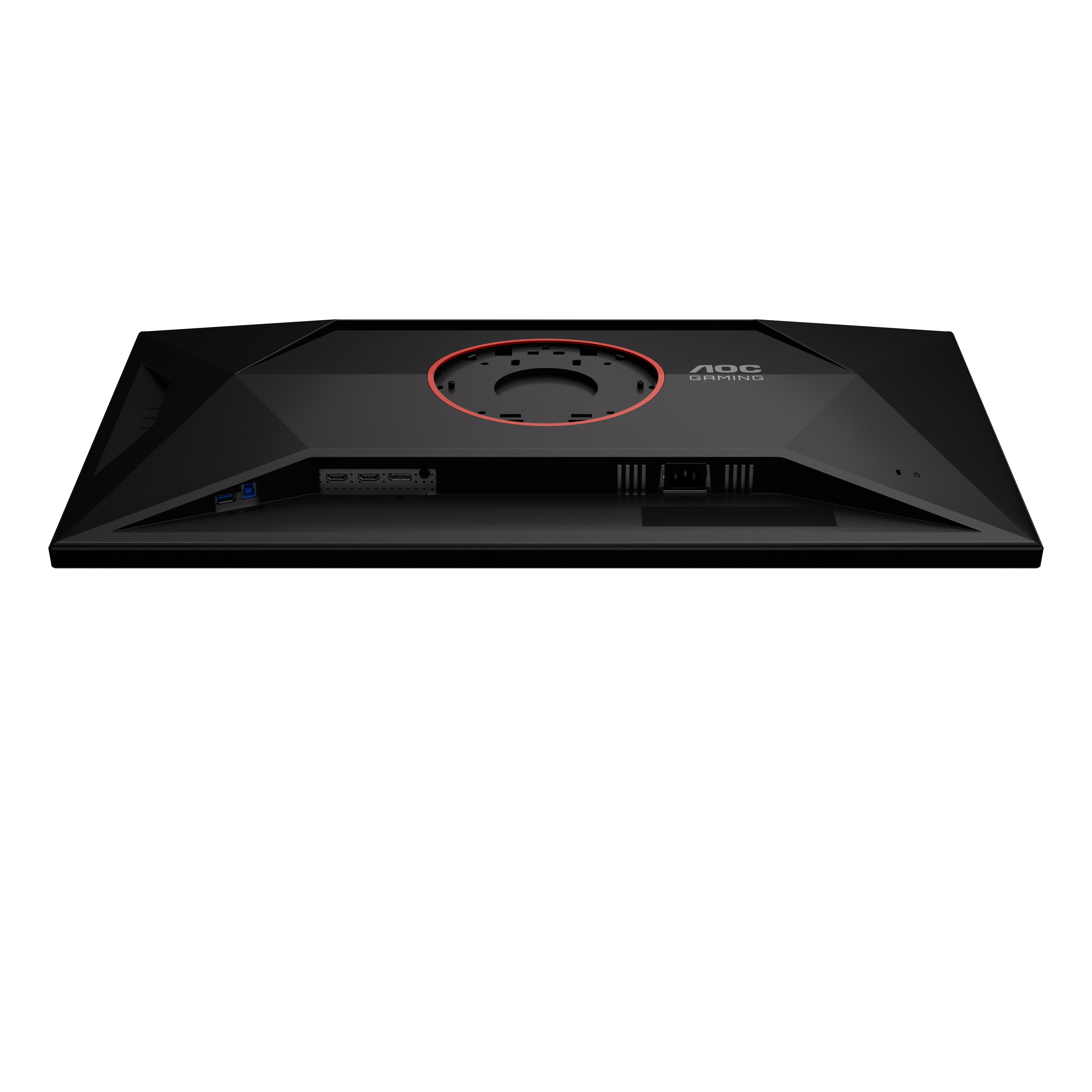 Rückseite eines schwarzen Monitors mit Anschlüssen und AOC Gaming Logo.