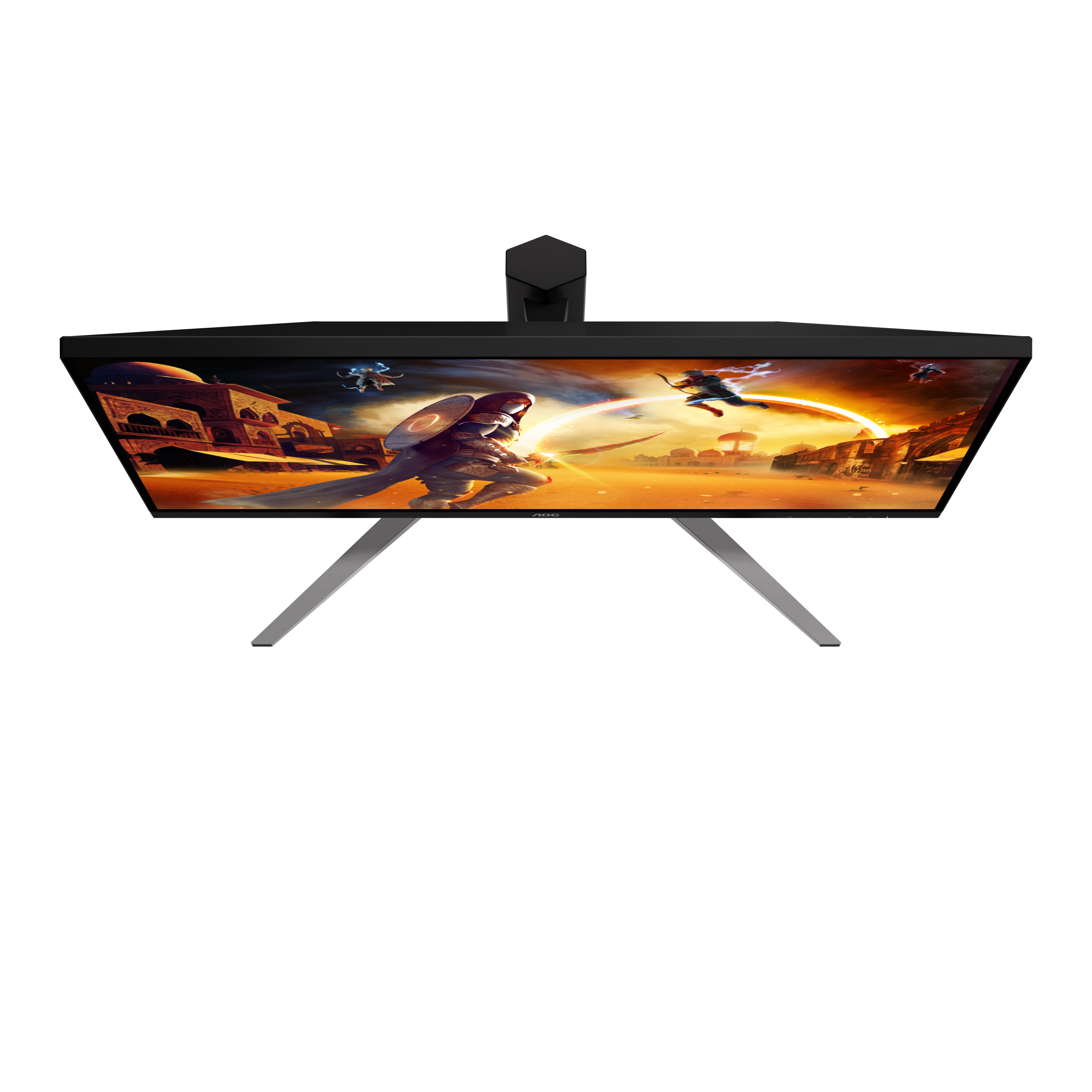 Ein Gaming-Monitor zeigt ein Fantasie-Kampfszenario mit Kriegern und Gebäuden.
