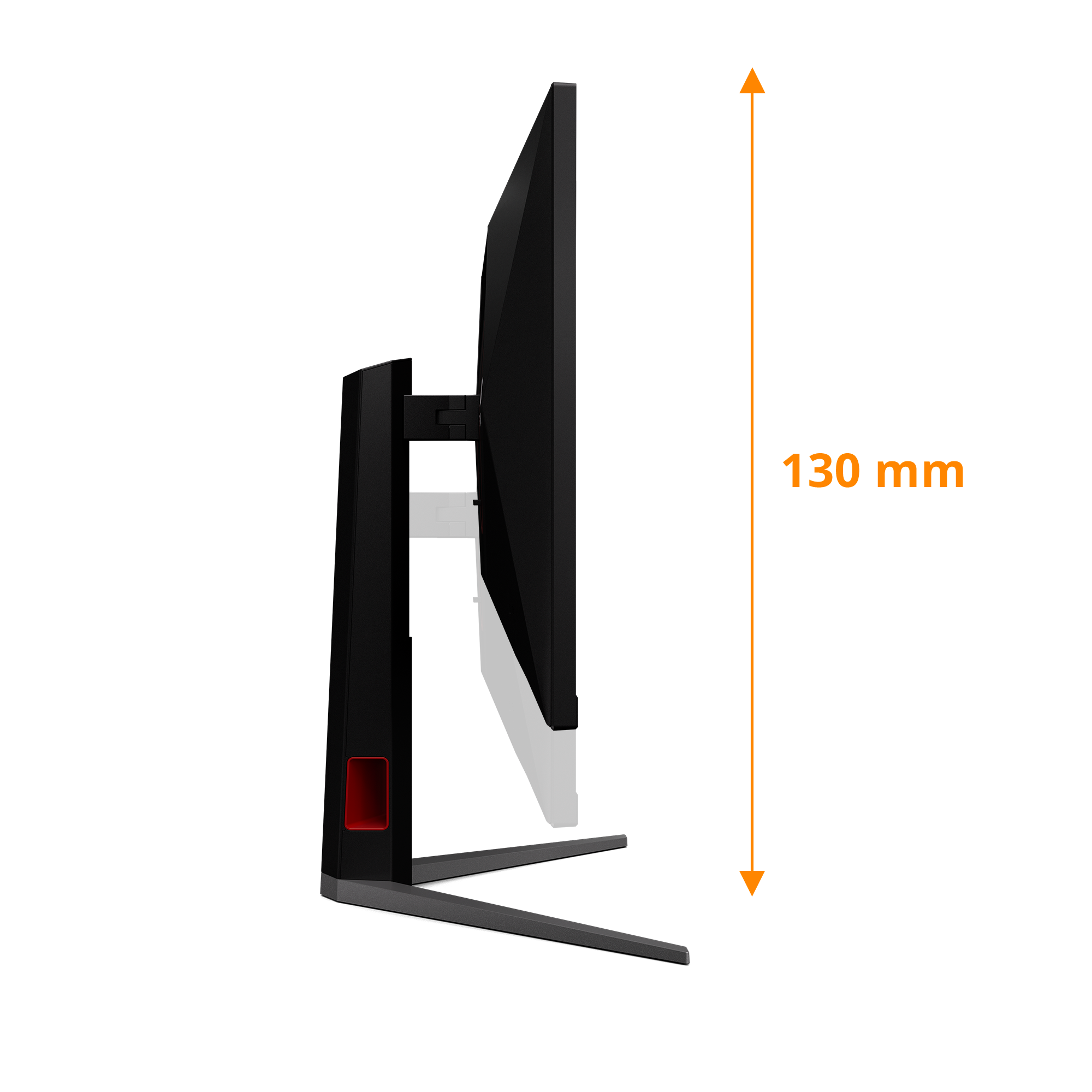Seitenansicht eines schwarzen Monitors mit einem roten Akzent und einem Maßpfeil von 130 mm.