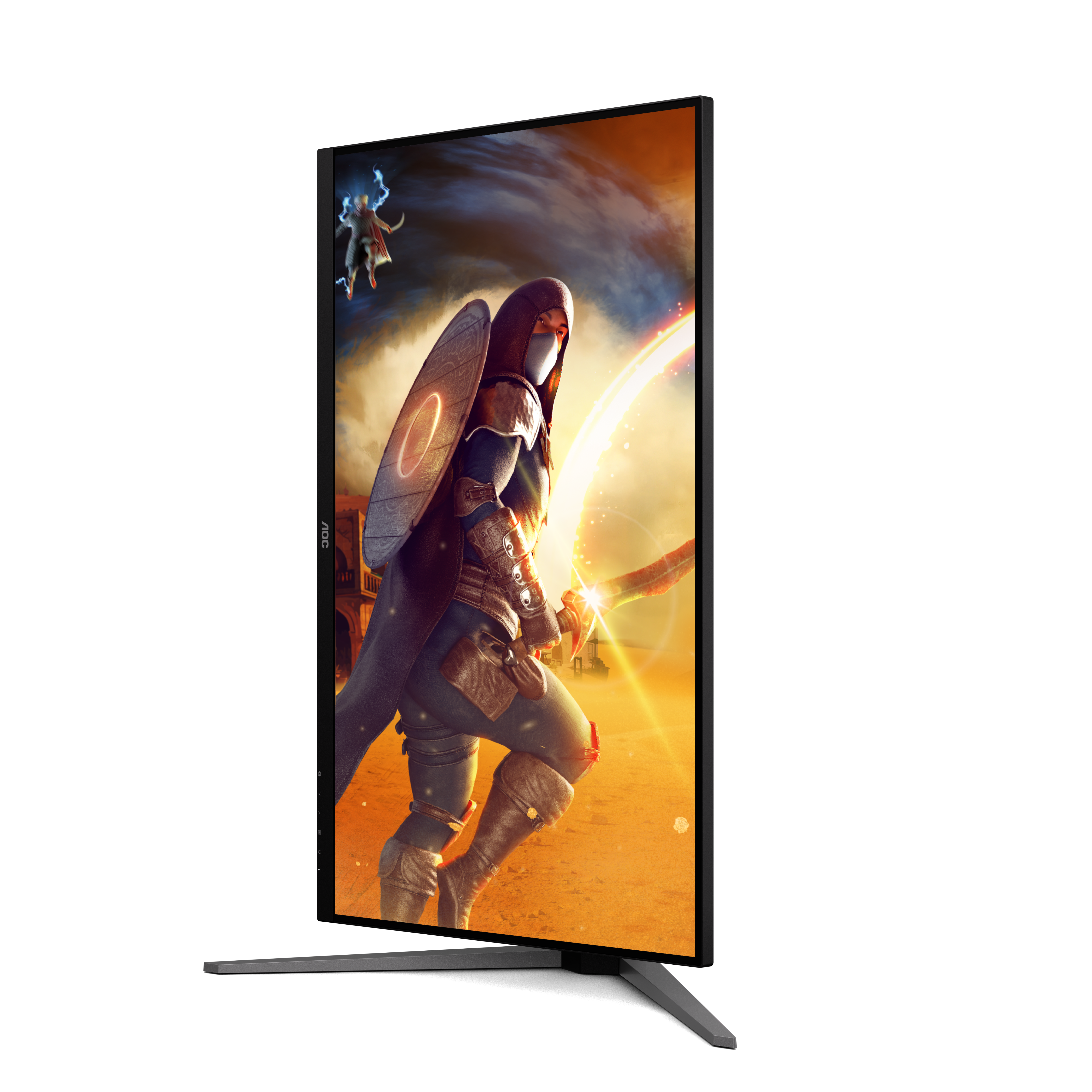 Ein Monitor zeigt eine Fantasy-Figur mit Kapuze und Schwert vor einer brennenden Sonne.