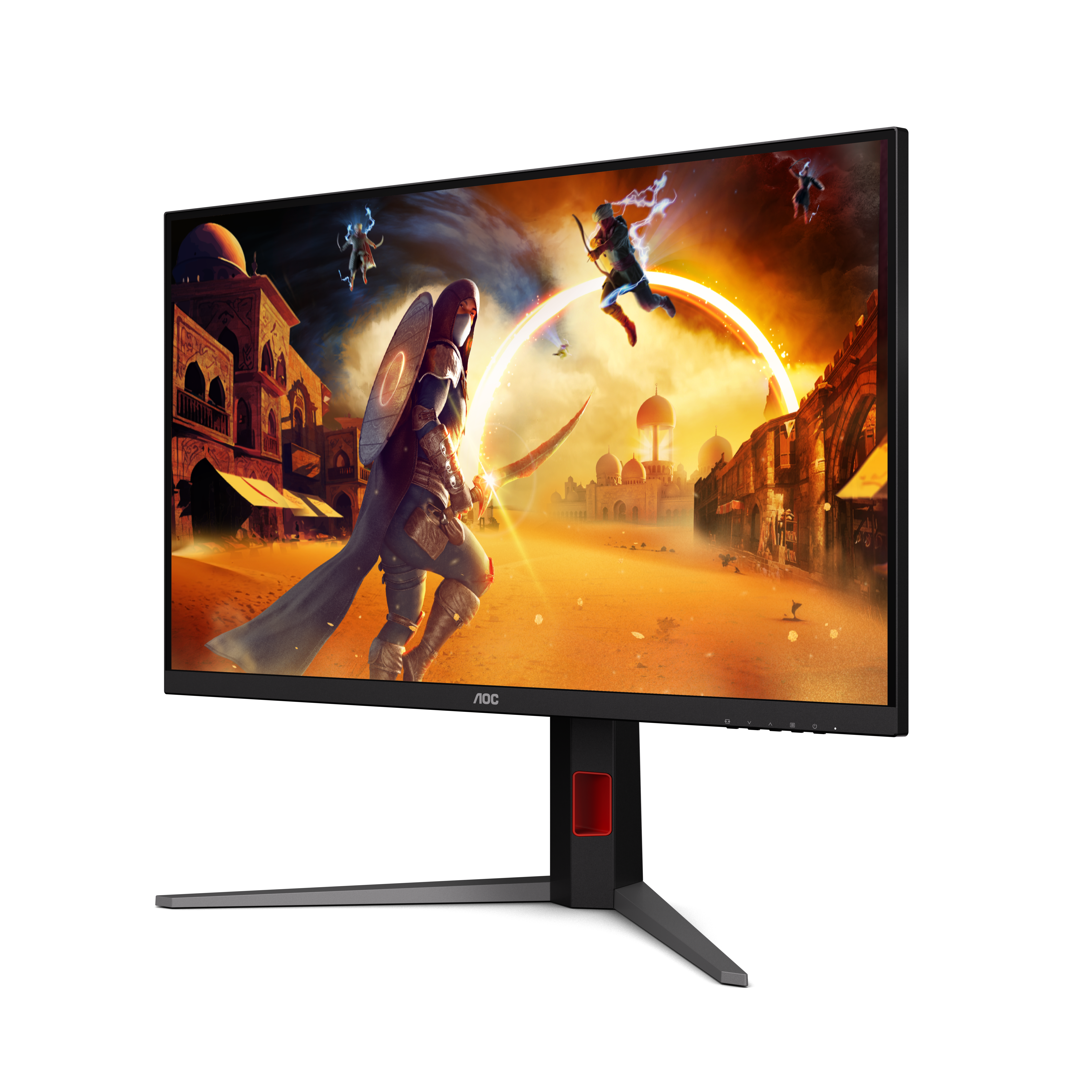 Ein Gaming-Monitor zeigt ein Fantasy-Kampfszenario mit Kriegern und mittelalterlicher Architektur.