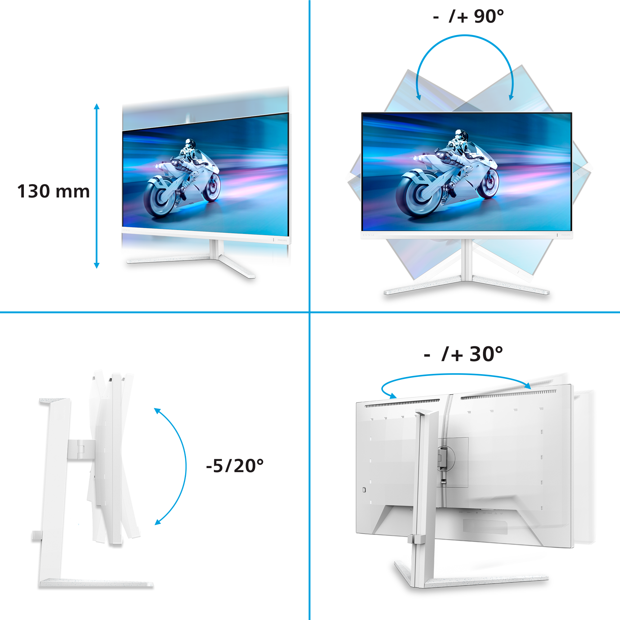 Ein Monitor mit einem Bild eines Motorradfahrers. Höhen- und Winkelverstellung.