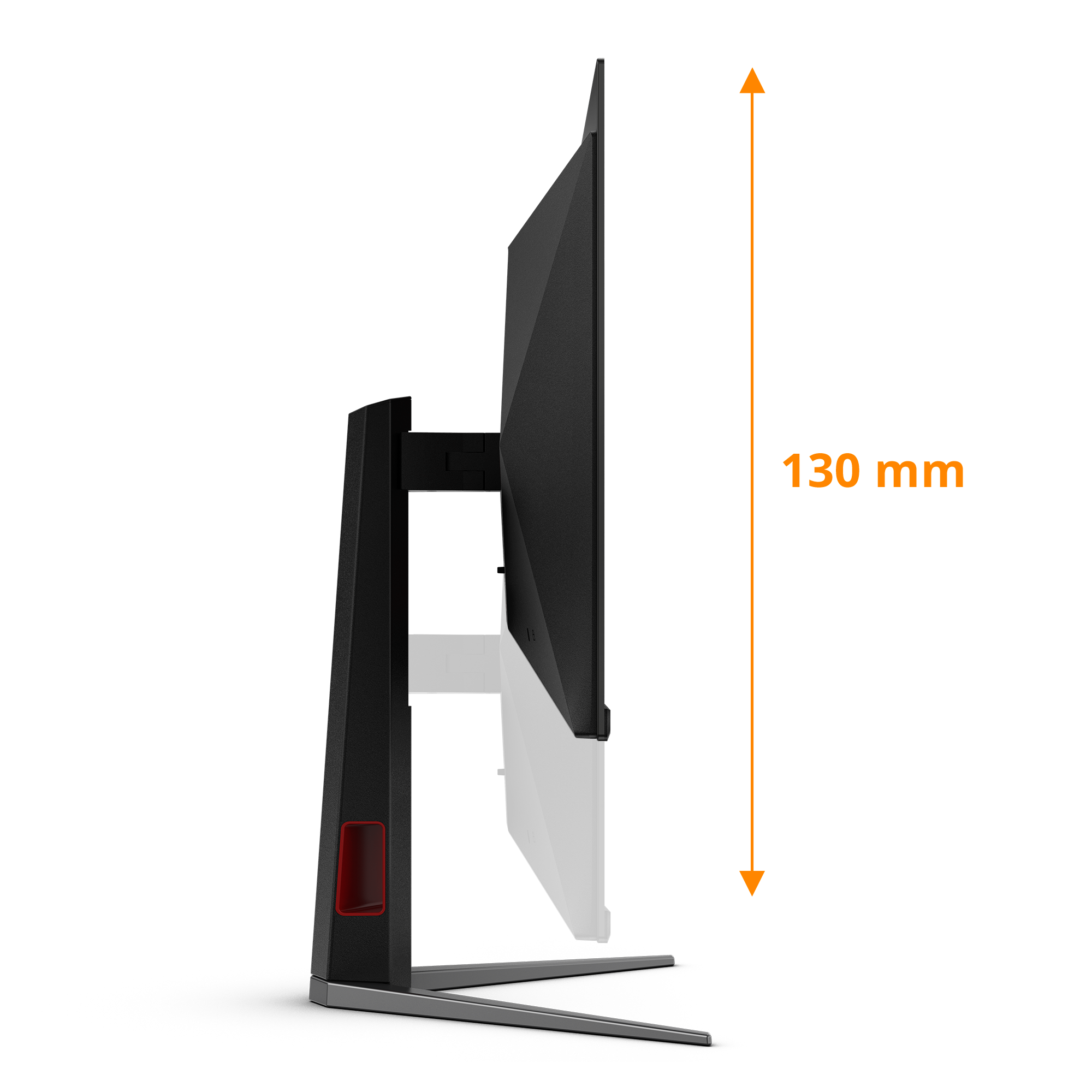Schwarzer Monitorständer mit rotem Detail und Höhenmarkierung von 130 mm.