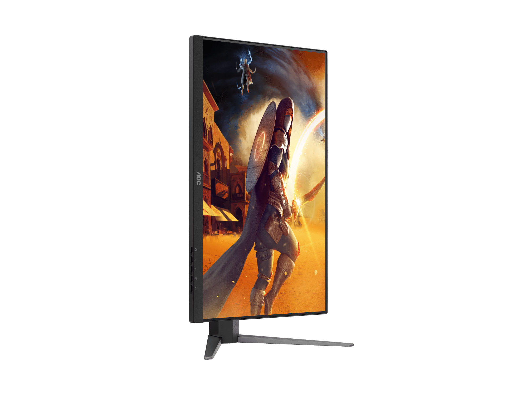 Ein Monitor zeigt ein Spiel mit einer Kriegerin mit Schild und Kapuze. Im Hintergrund eine Stadt.
