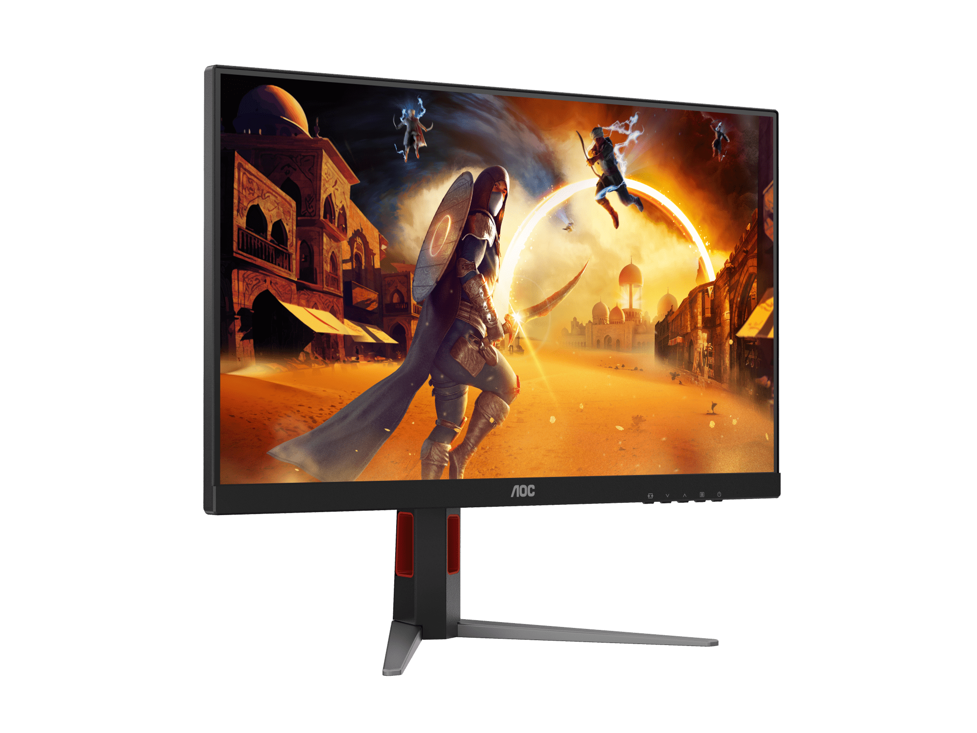 Ein Monitor zeigt ein Computerspiel mit Kriegern in einer orientalischen Stadt.