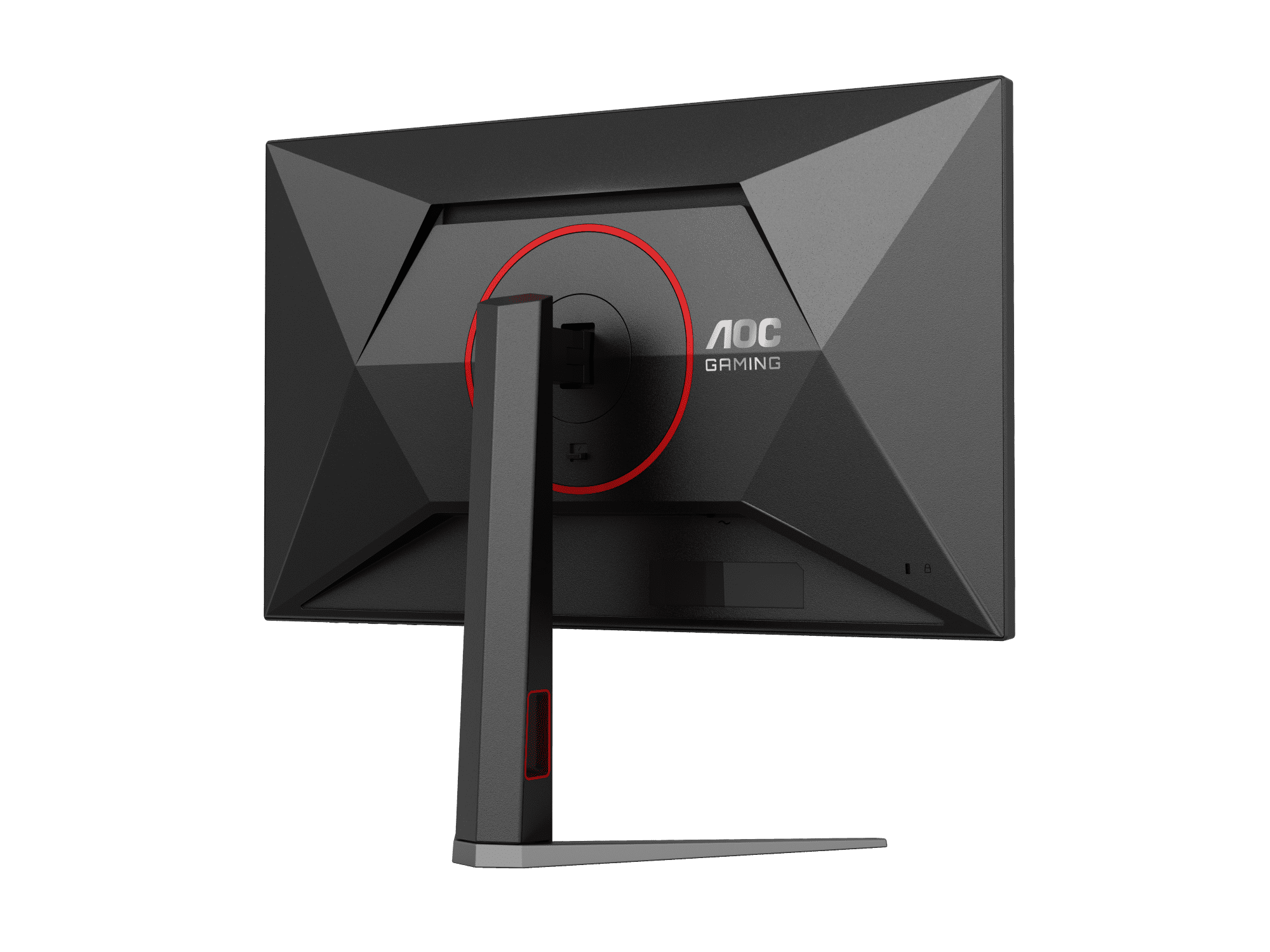 Rückseite eines schwarzen AOC Gaming Monitors mit rotem Ring.