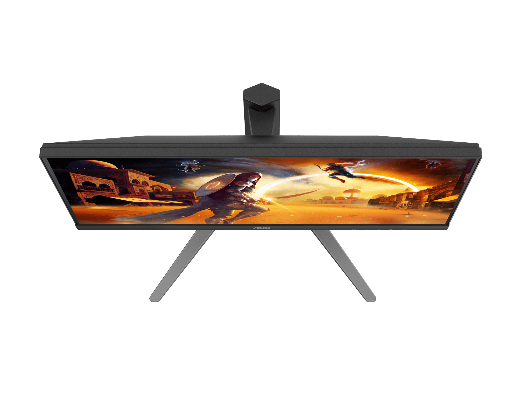 Ein Gaming-Monitor zeigt eine Szene mit Kriegern vor einer orientalischen Stadtkulisse.