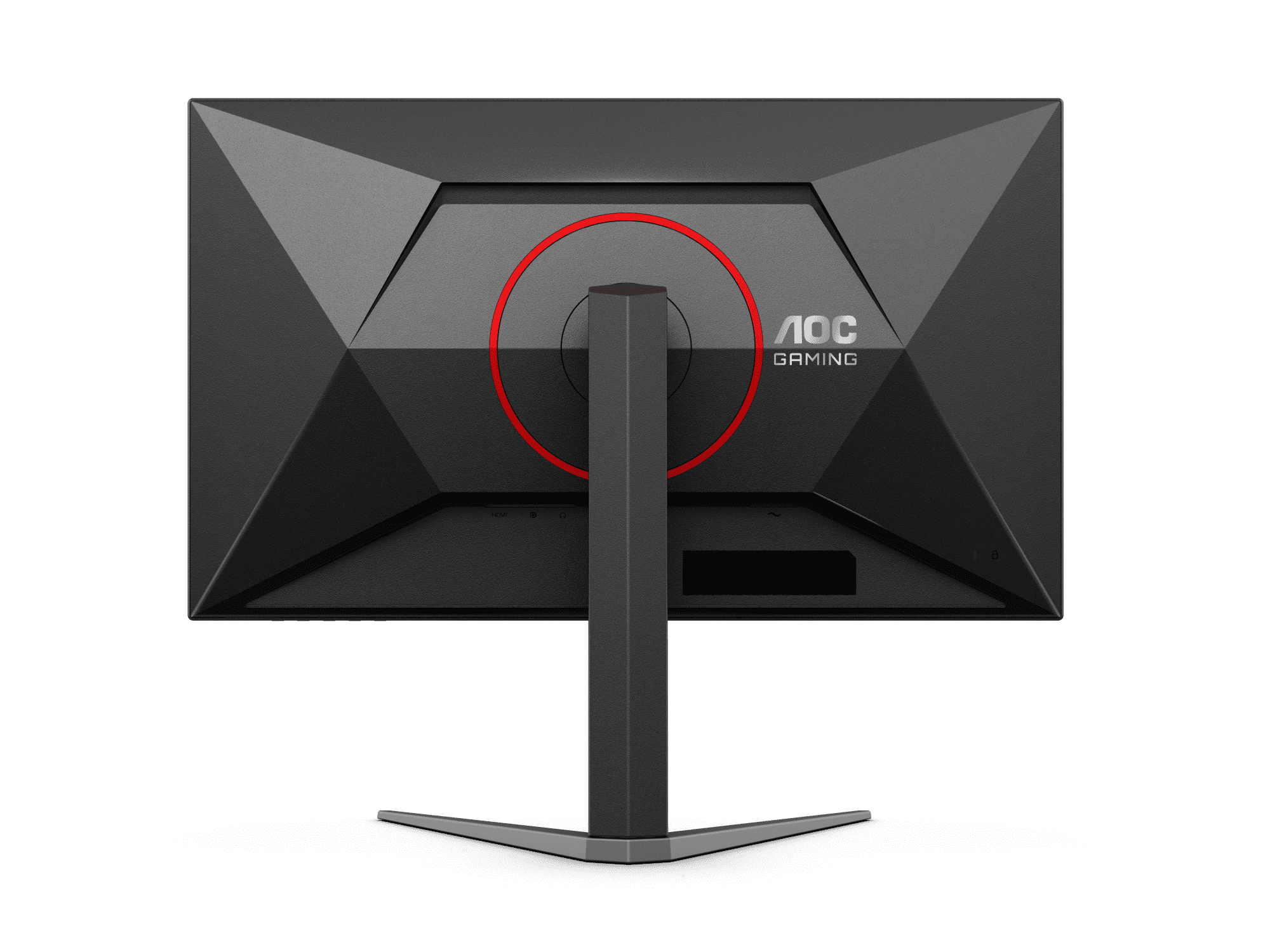 Die Rückseite eines schwarzen AOC Gaming Monitors mit rotem Kreis.