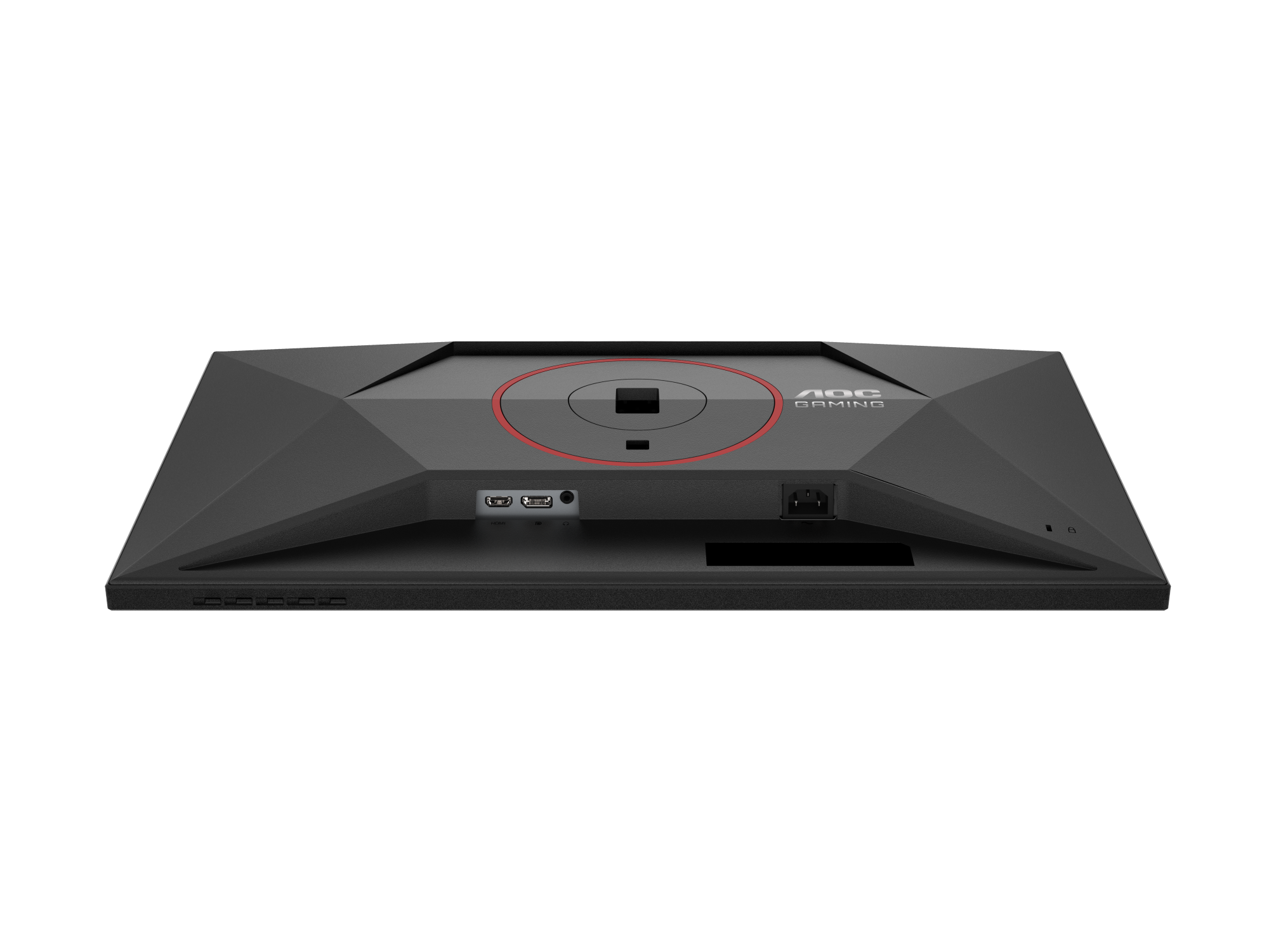 Rückseite eines schwarzen AOC Gaming Monitors mit Anschlüssen.
