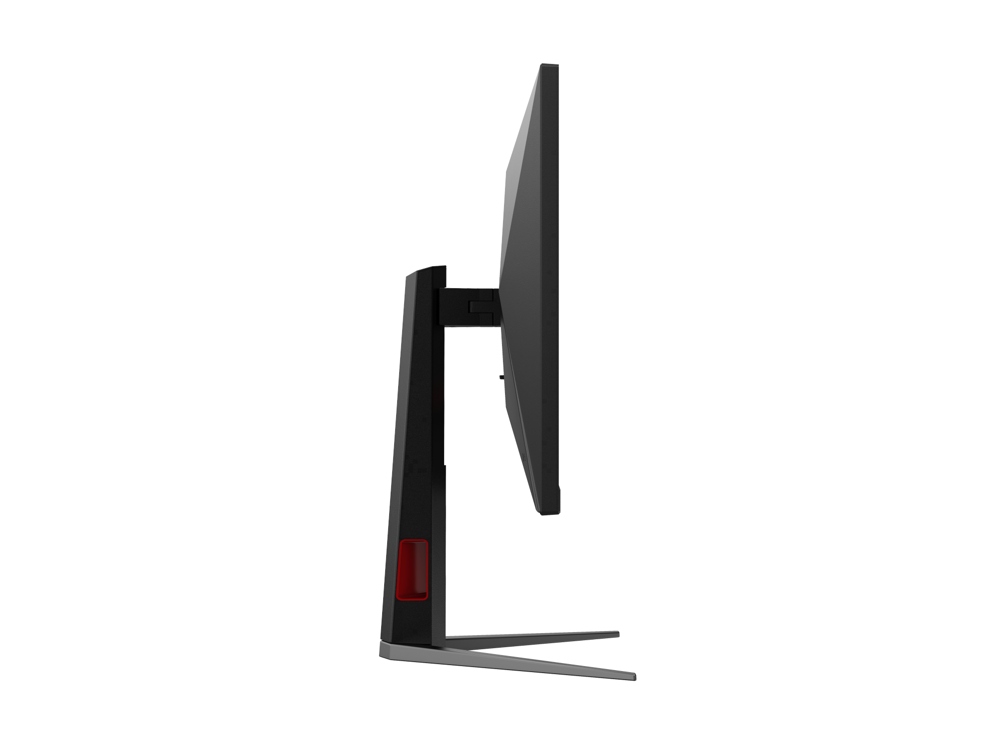Ein schwarzer Computermonitor mit rotem Akzent und einem V-förmigen Ständer.