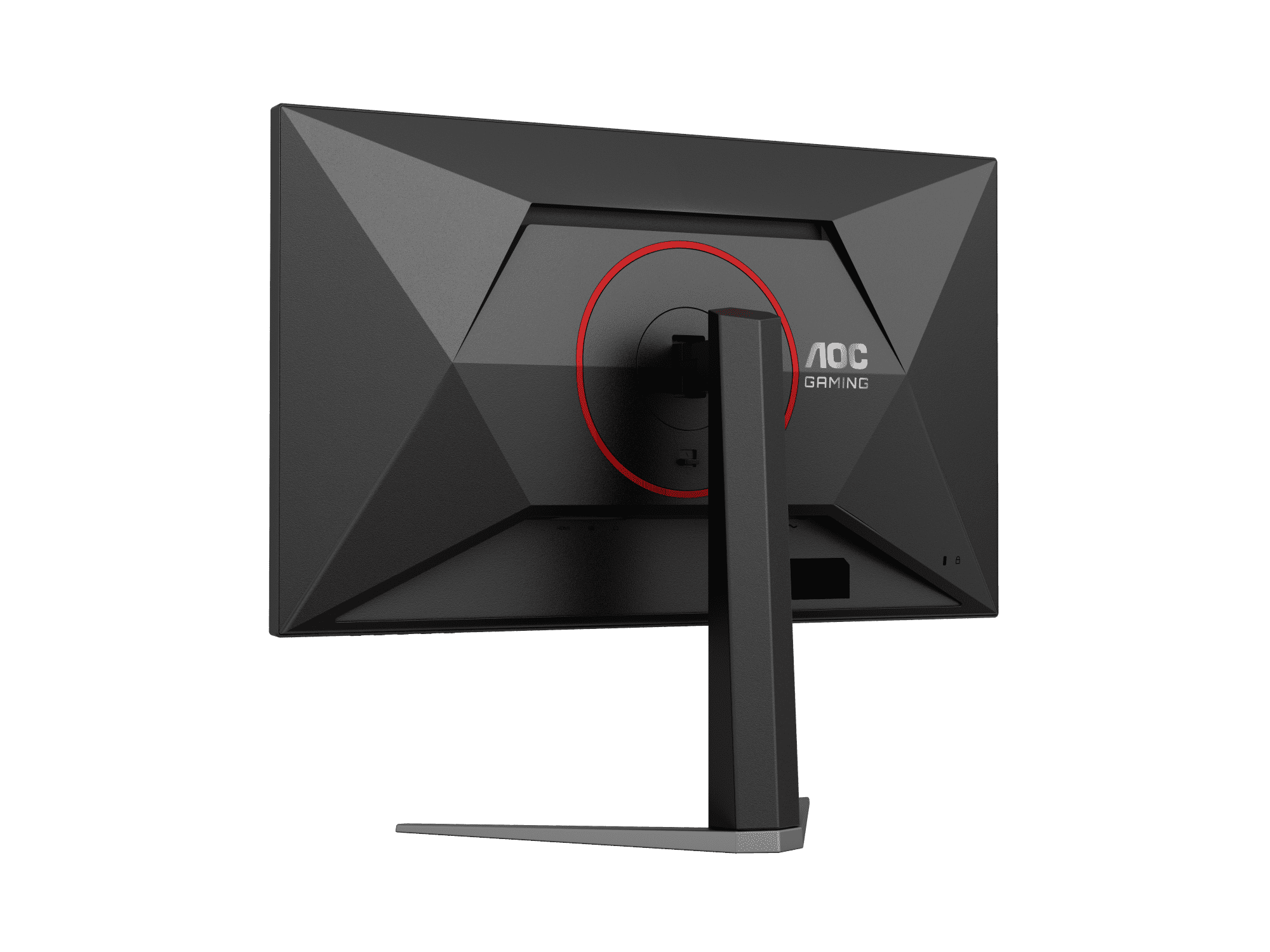 Rückansicht eines schwarzen AOC Gaming-Monitors mit rotem Ring und silbernem Ständer.