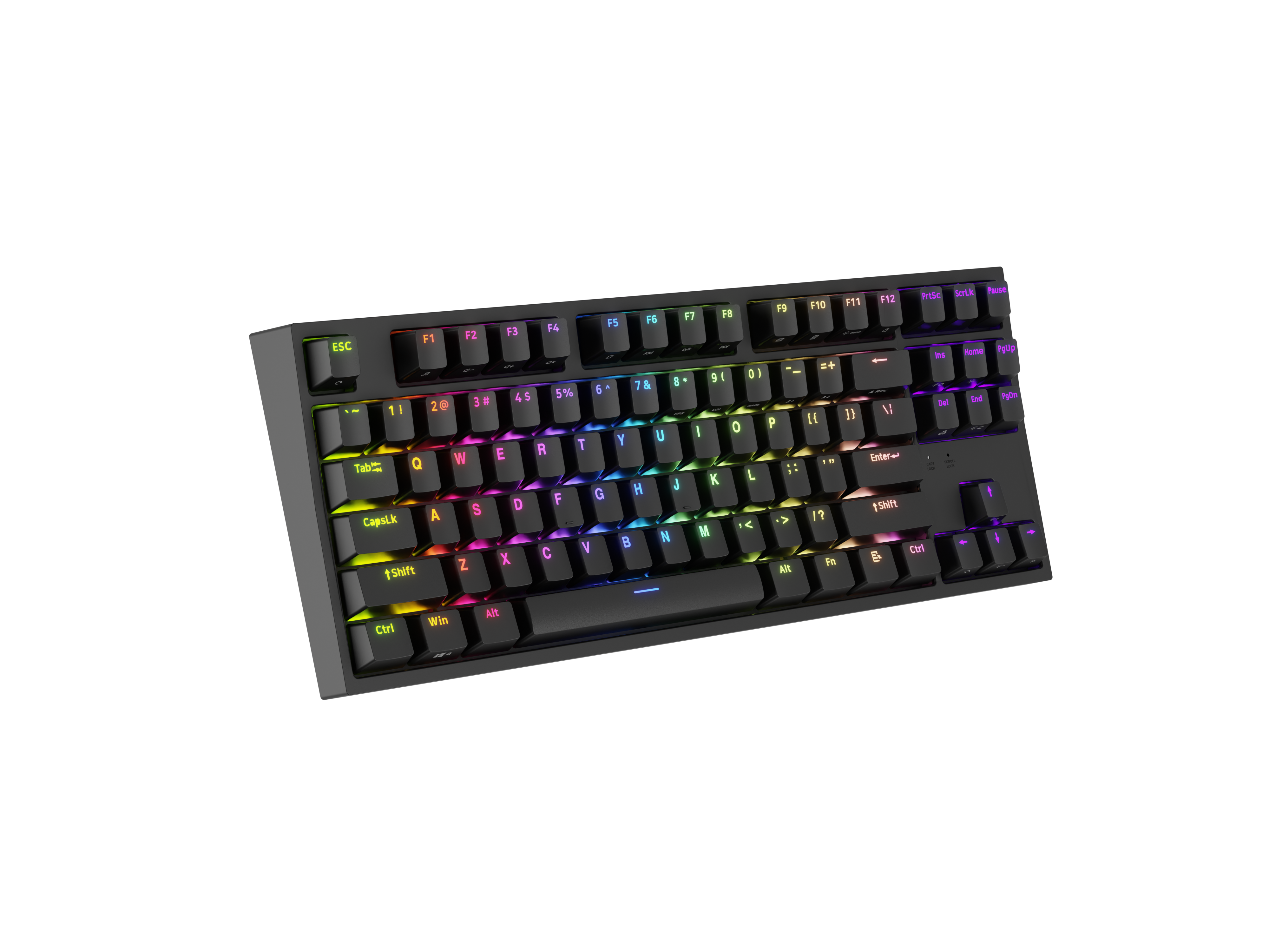 Czarna klawiatura z kolorowym podświetleniem RGB na czarnym tle.