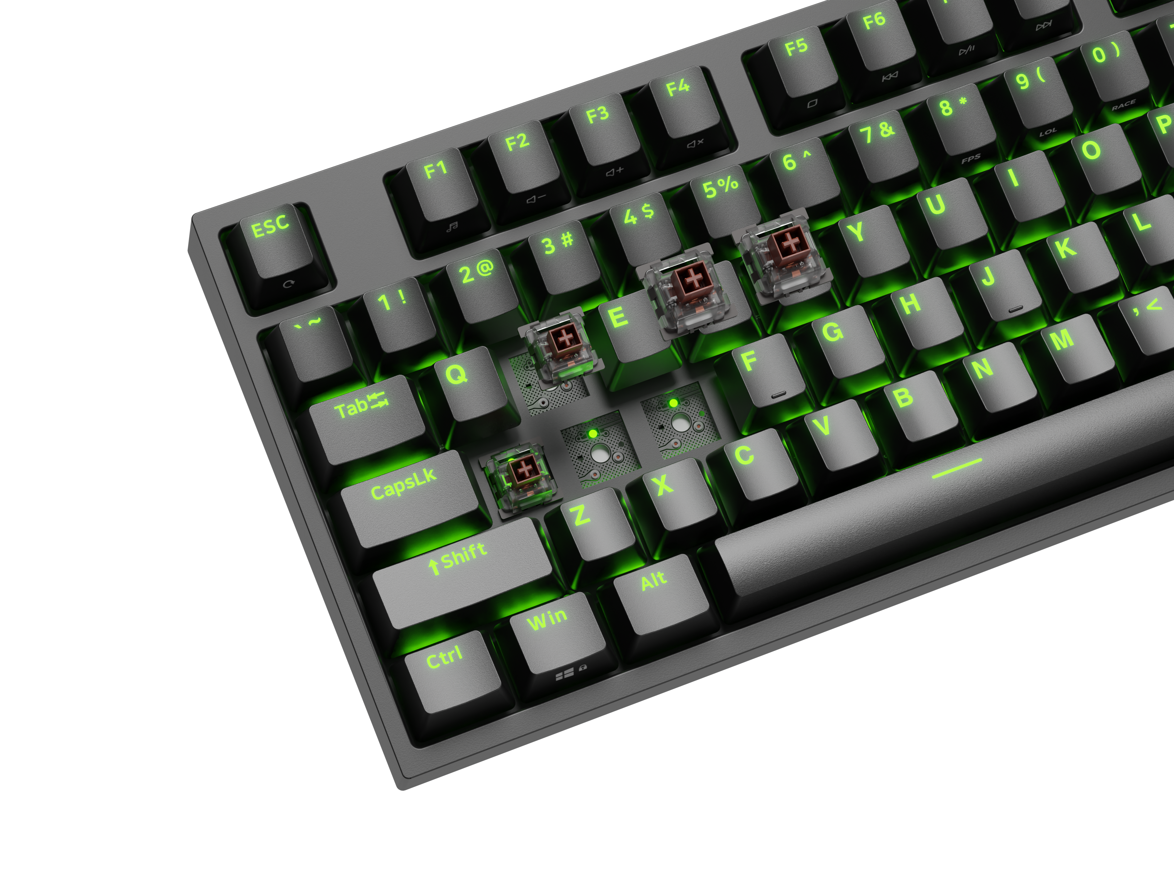 Szara klawiatura z zielonym podświetleniem, niektóre klawisze usunięte.