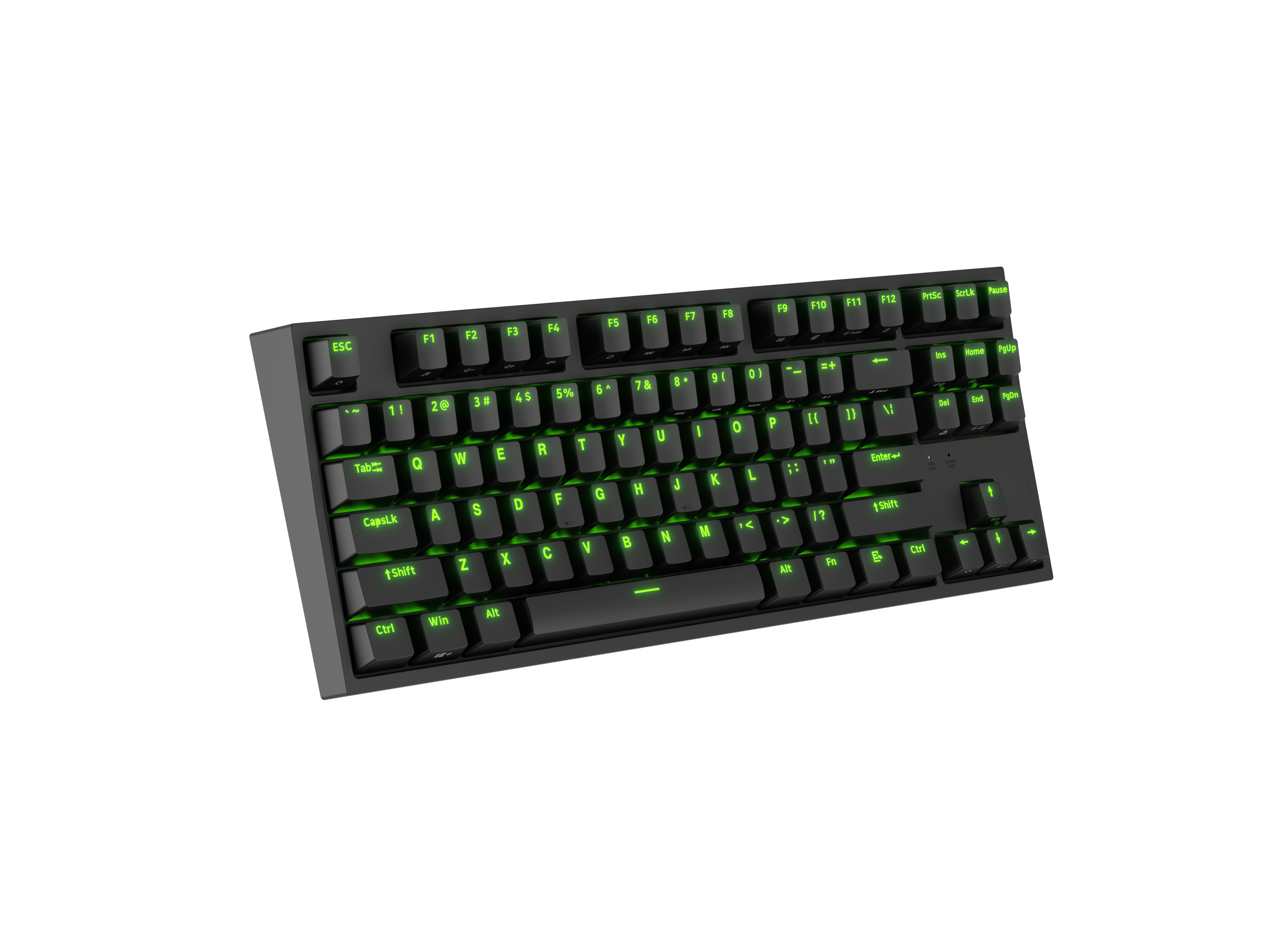 Czarna klawiatura z zielonym podświetleniem na czarnym tle.