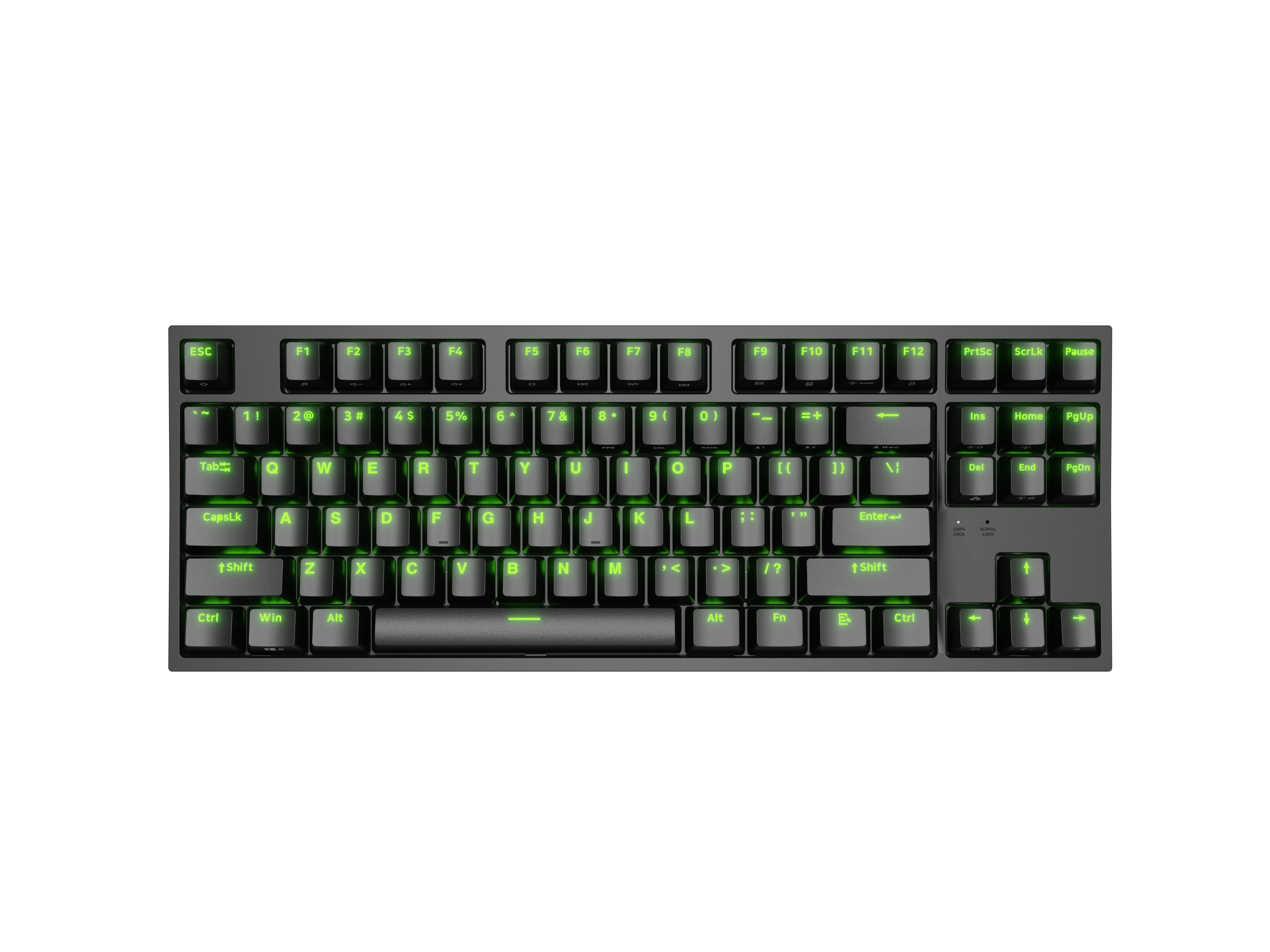 Czarna klawiatura z zielonym podświetleniem, widziana z góry.